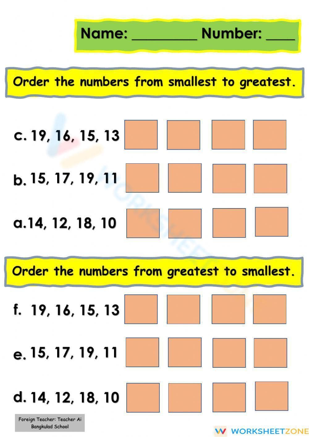 Ordering Numbers Up to 20 - Page 1