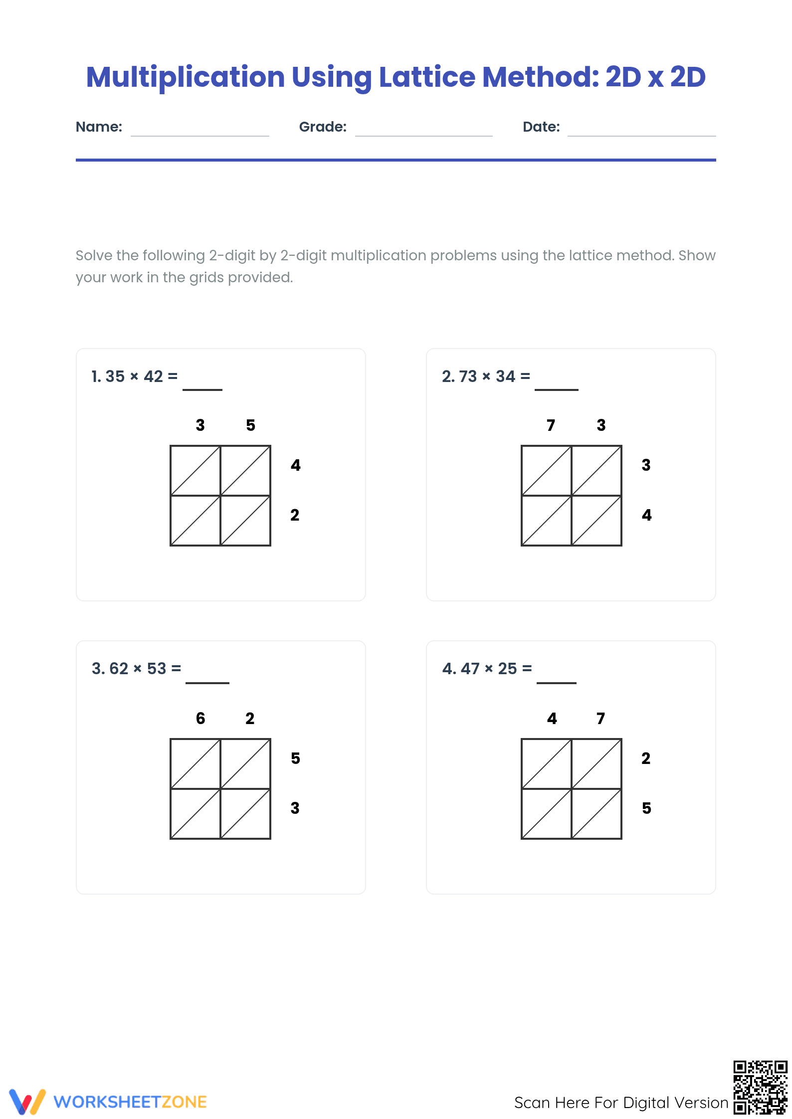 Printable Lattice Multiplication Worksheet | 2D x 2D Grade 5 - Page 1