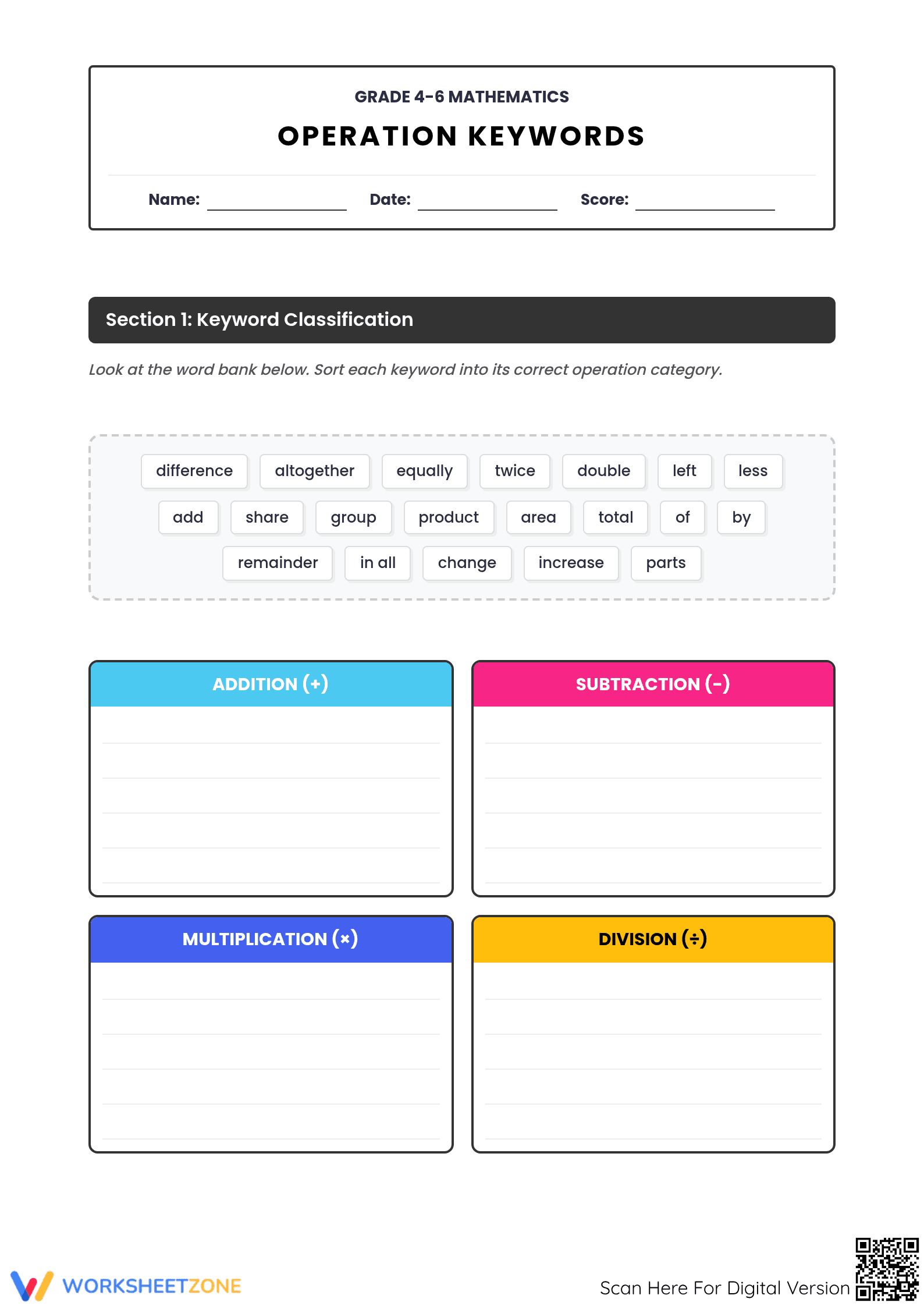 Printable Operation Keywords Math Sort | Grade 5 Aligned - Page 1
