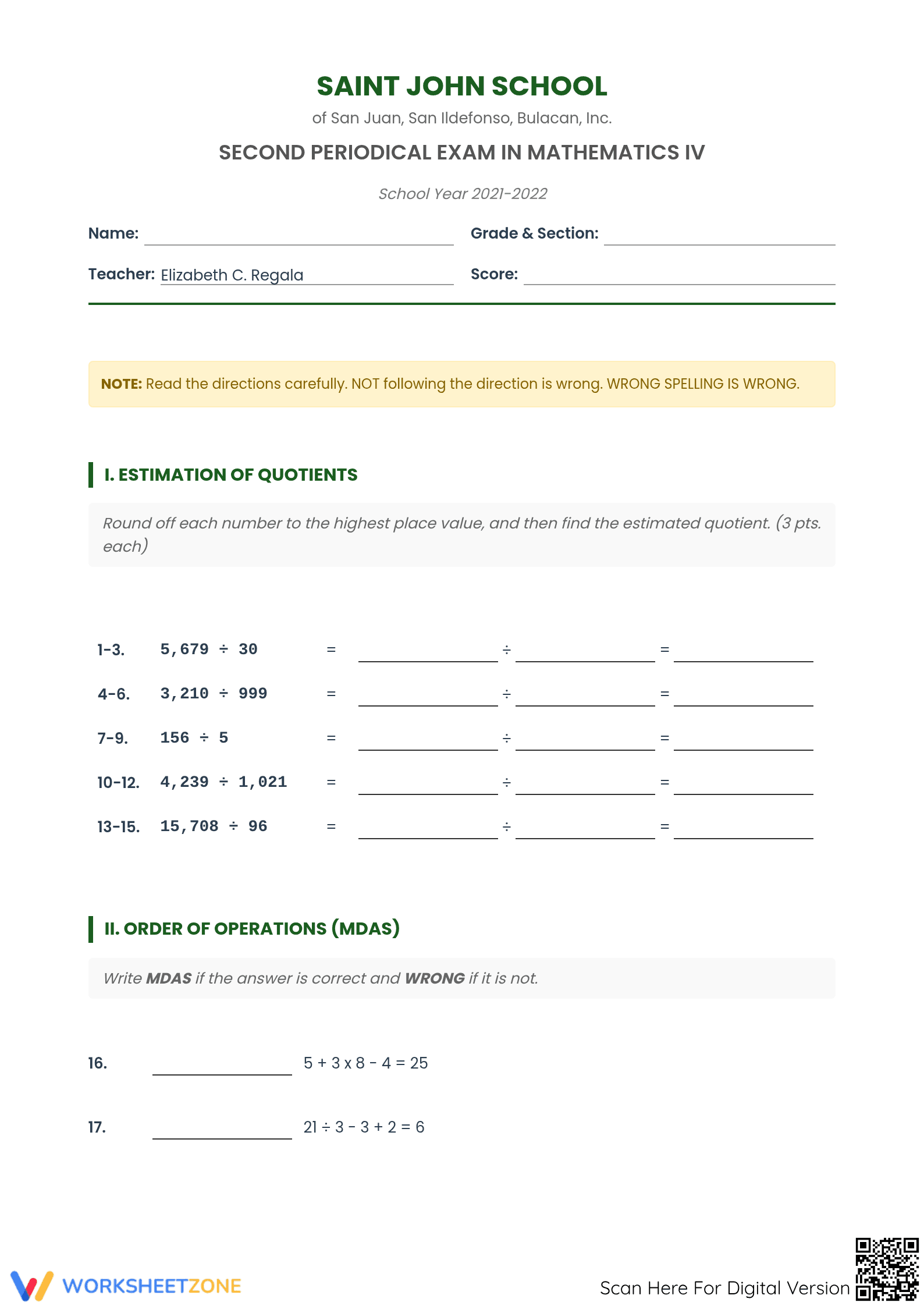 Grade 4 Math 2nd Periodical Exam | Essential Aligned Test - Page 1