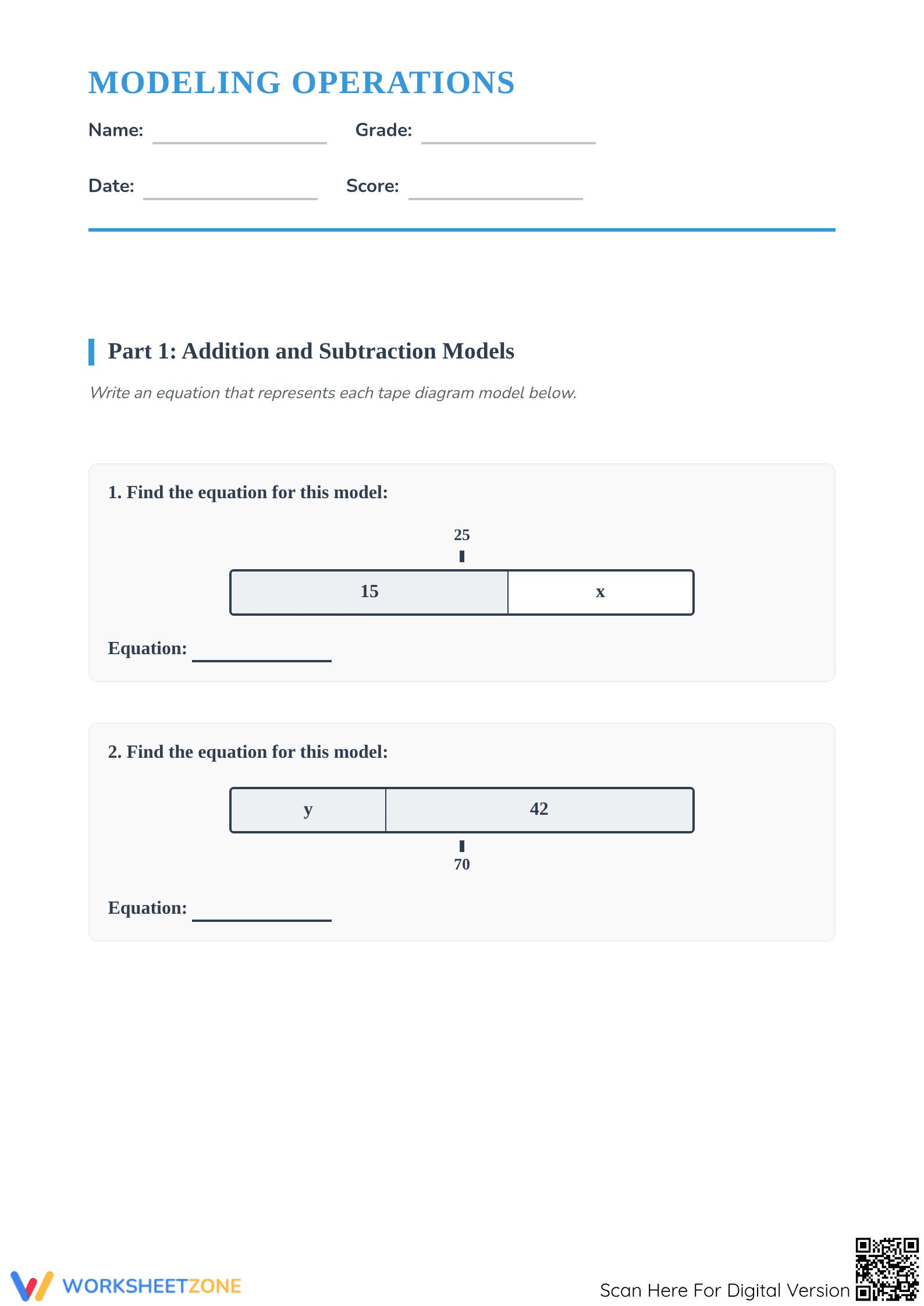 Printable Modeling Operations Worksheet | Grade 6 Aligned - Page 1