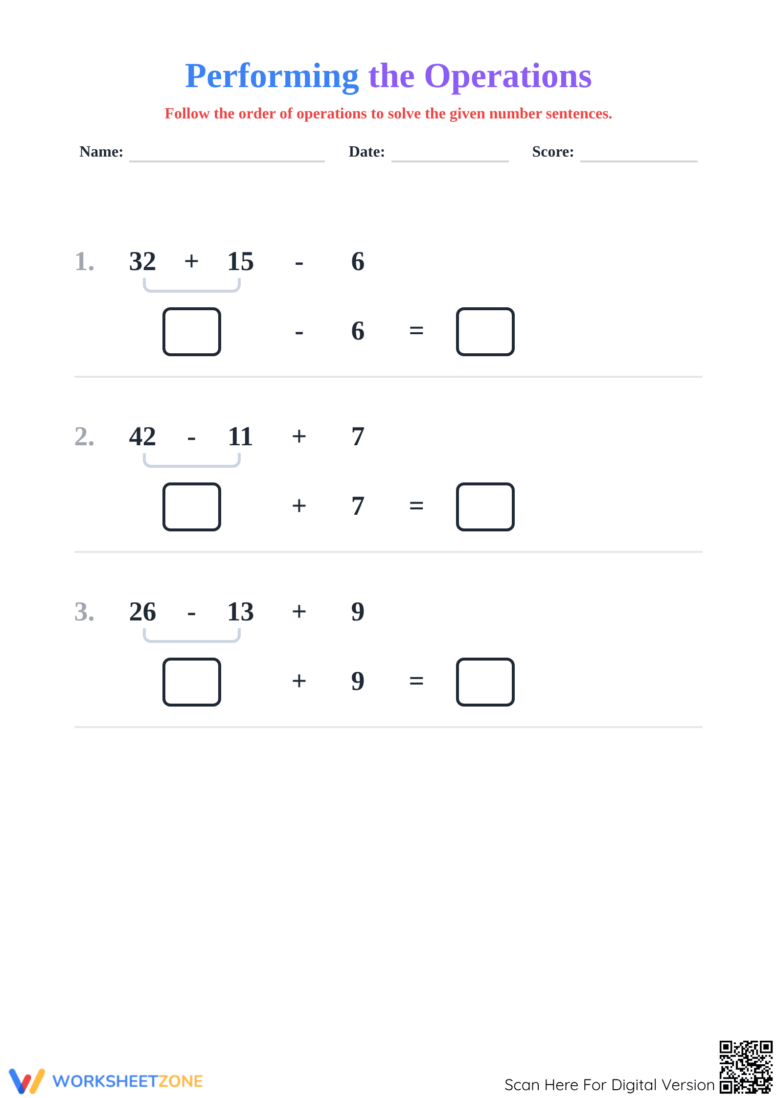 Order of Operations Worksheet | Grade 3 Printable - Page 1