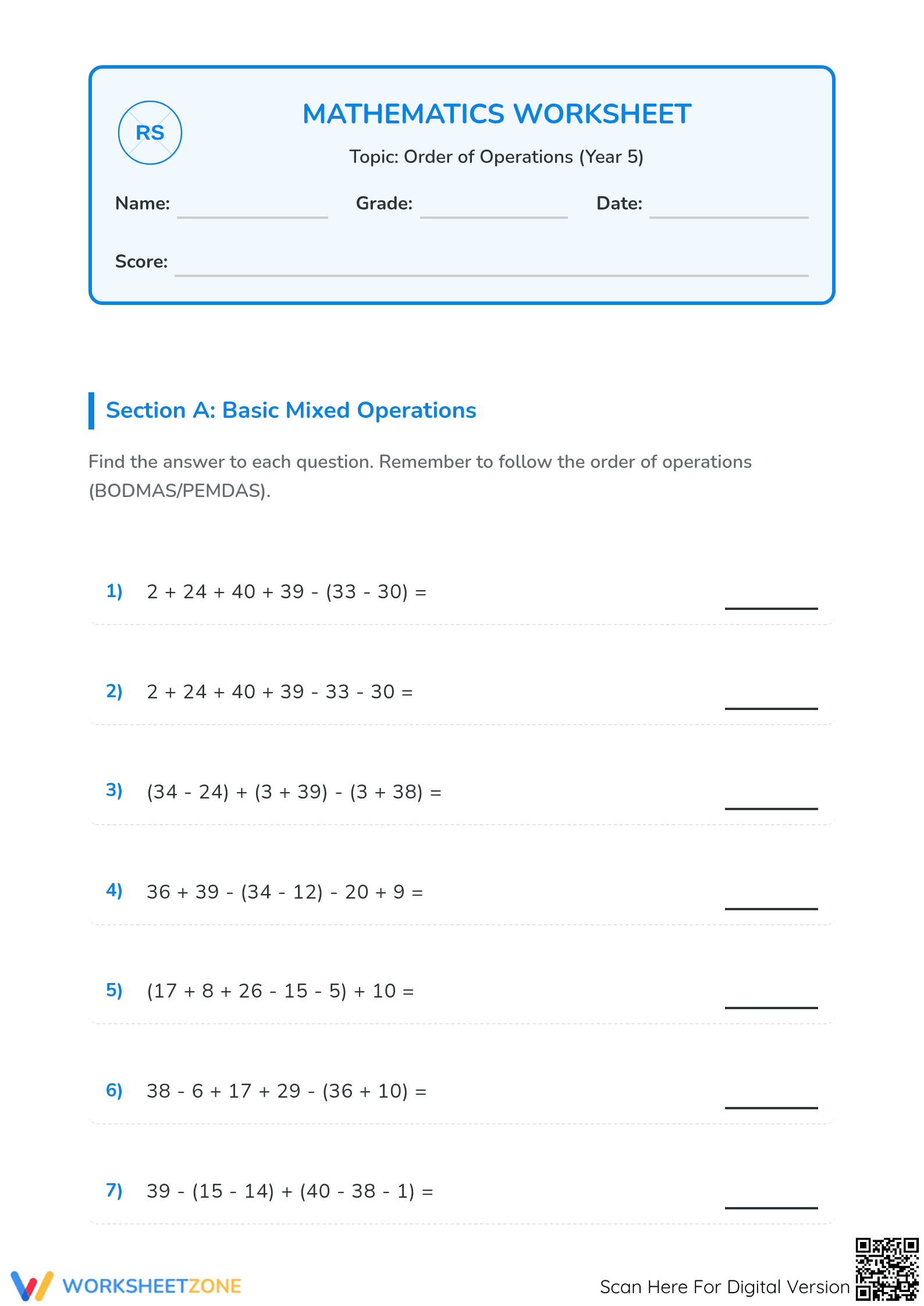 Order of Operations Worksheet | Grade 5 Printable Essential - Page 1