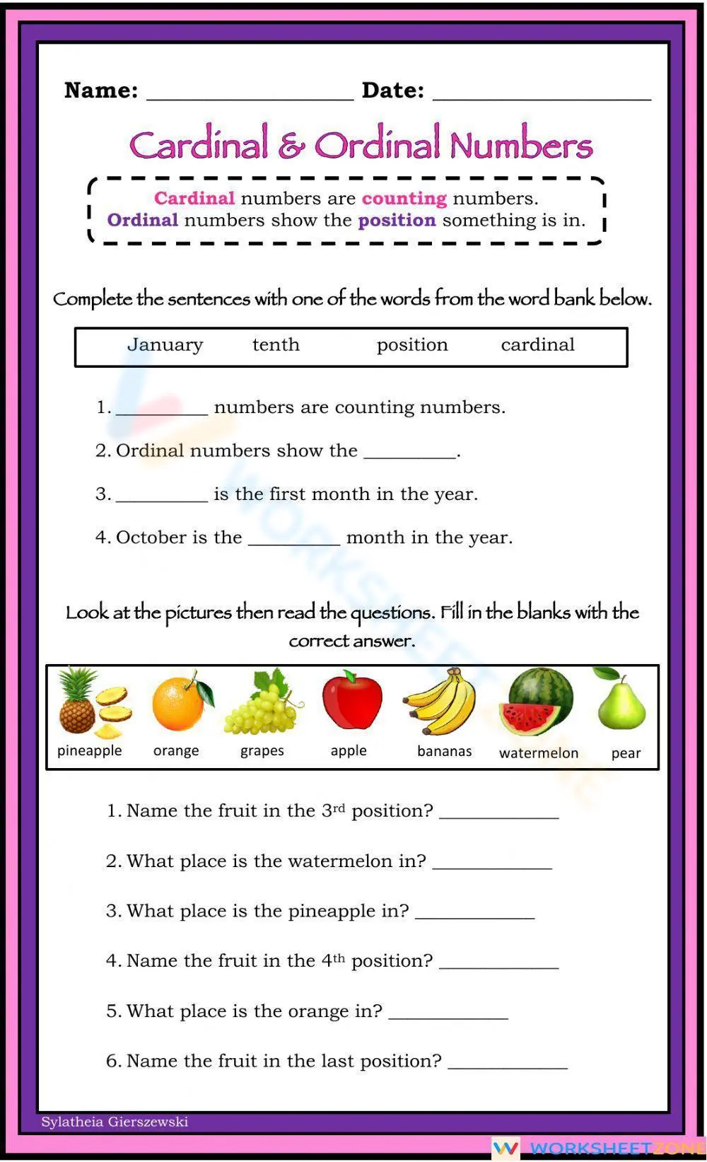 Cardinal and Ordinal Numbers Worksheet - Page 1
