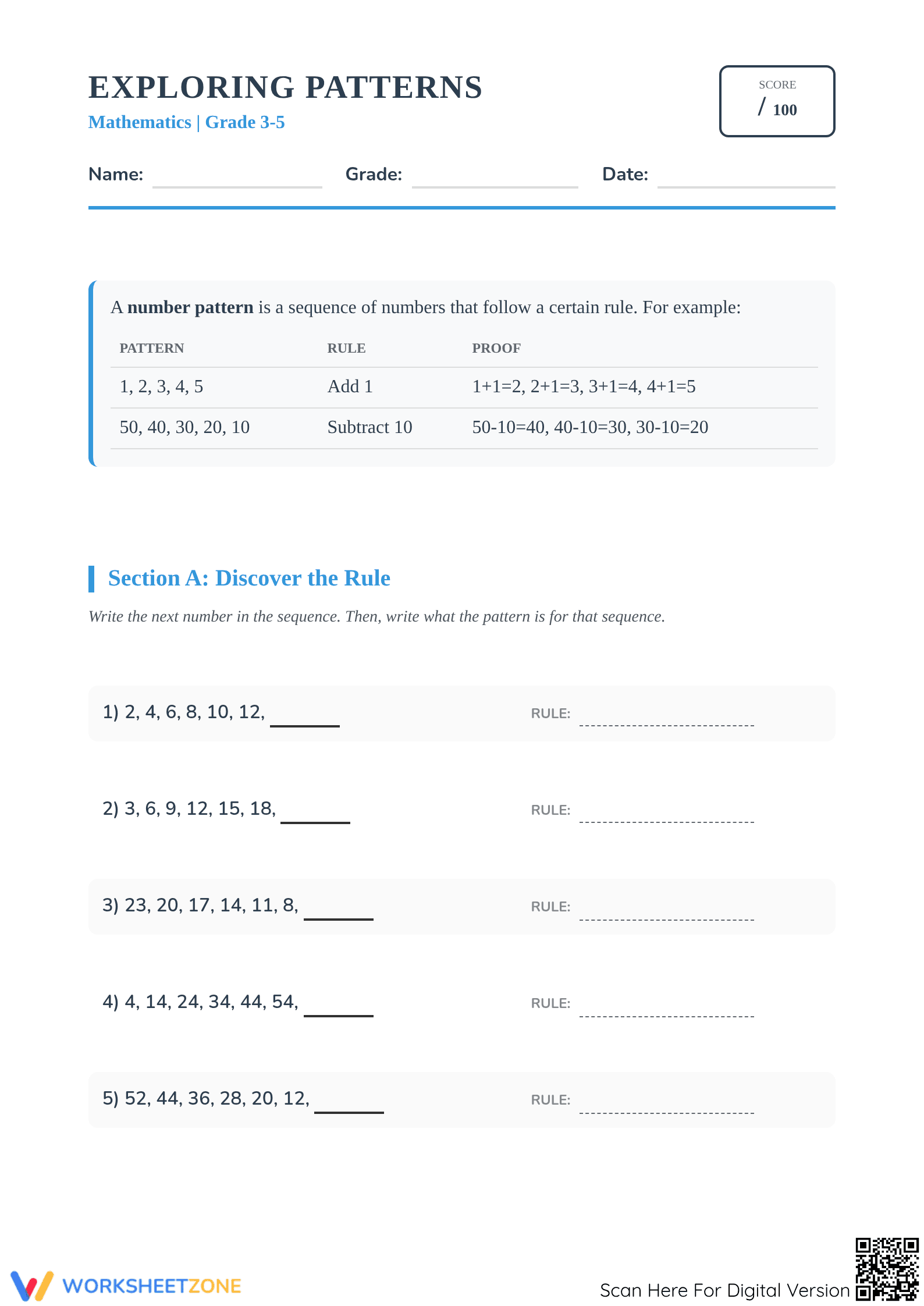 Essential Patterns in Mathematics Worksheet | Grade 4-5 - Page 1