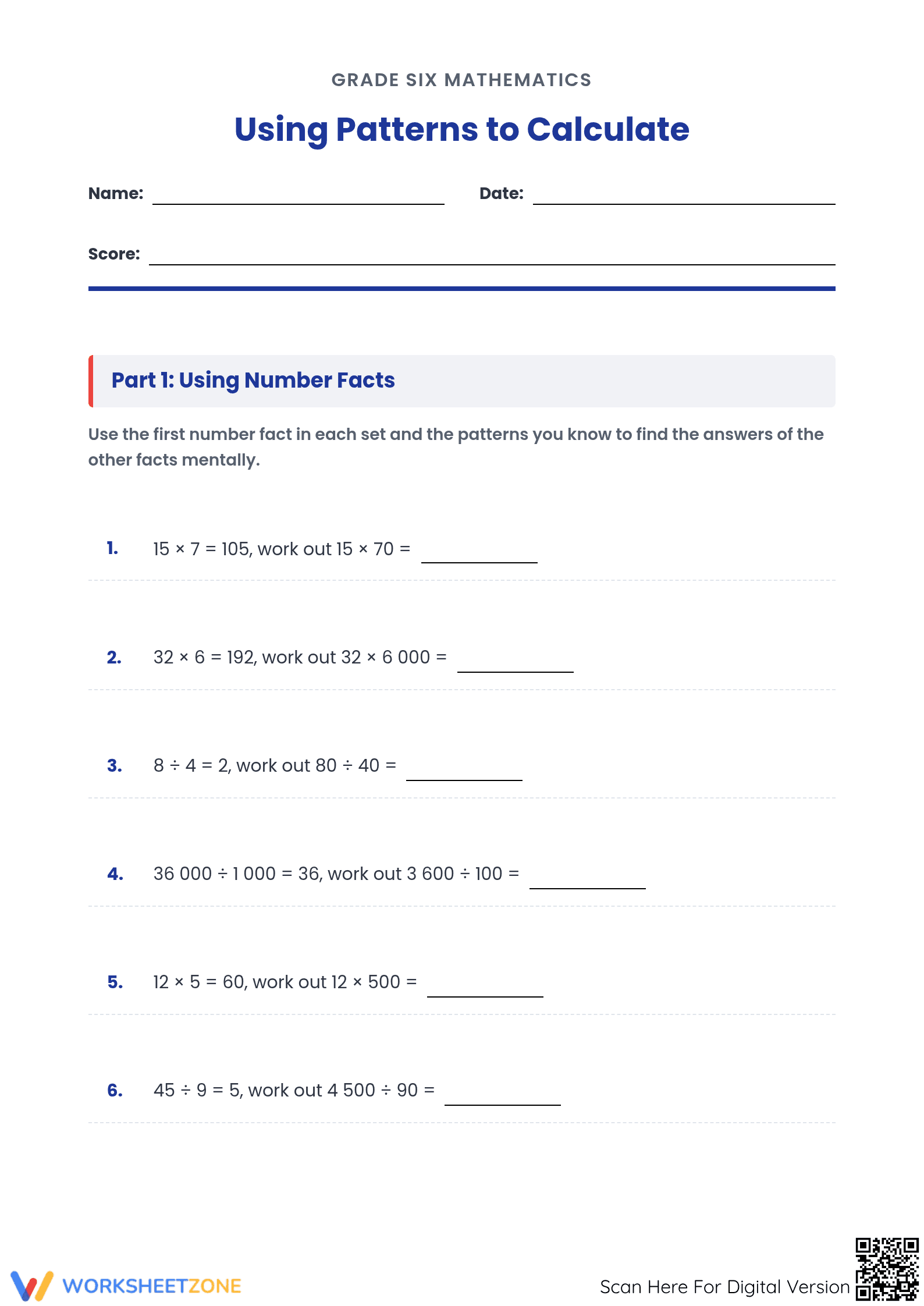 Printable Number Patterns Worksheet | Grade 5-6 Math - Page 1