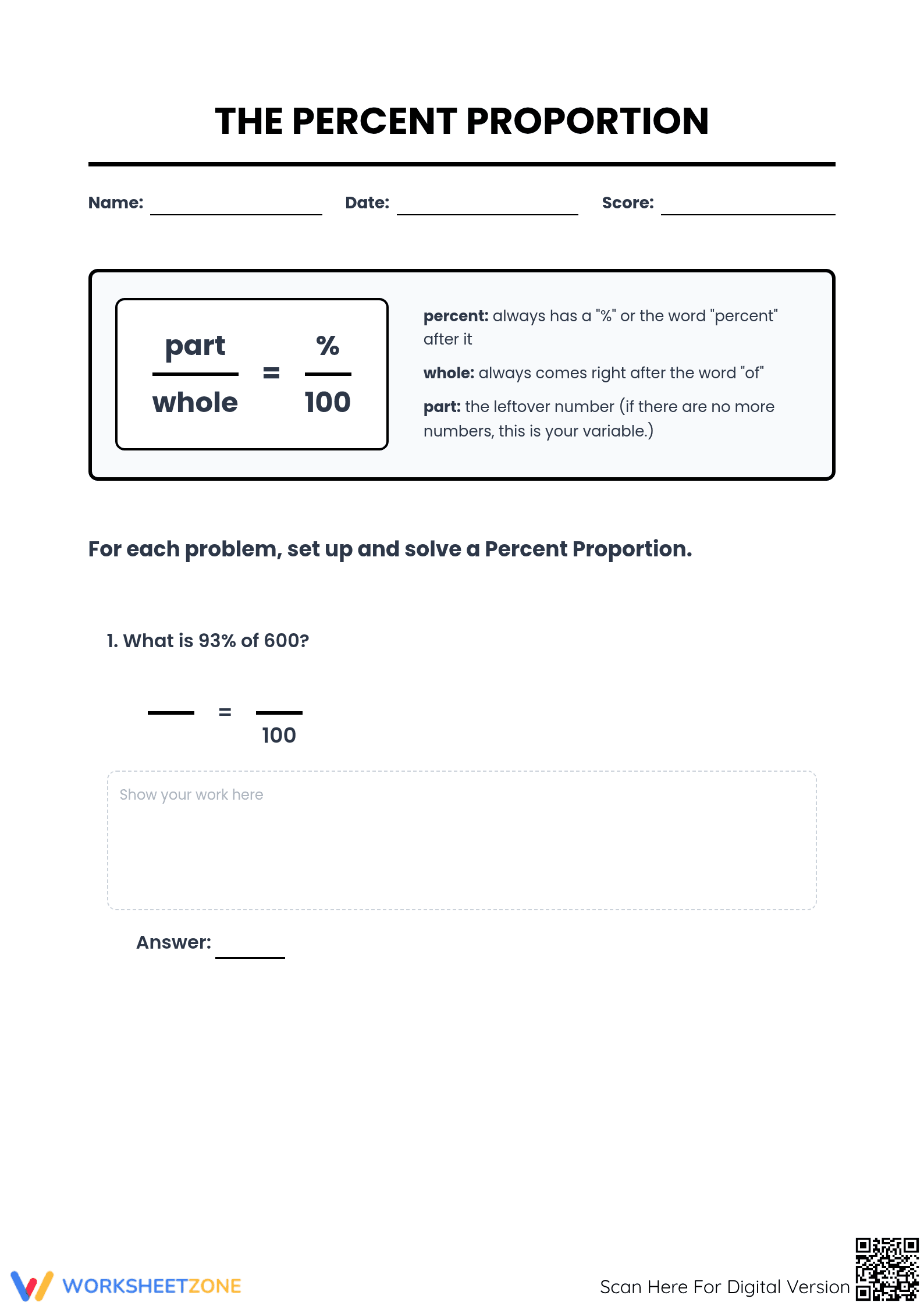 Essential Grade 7 Percent Proportion Practice Worksheet - Page 1