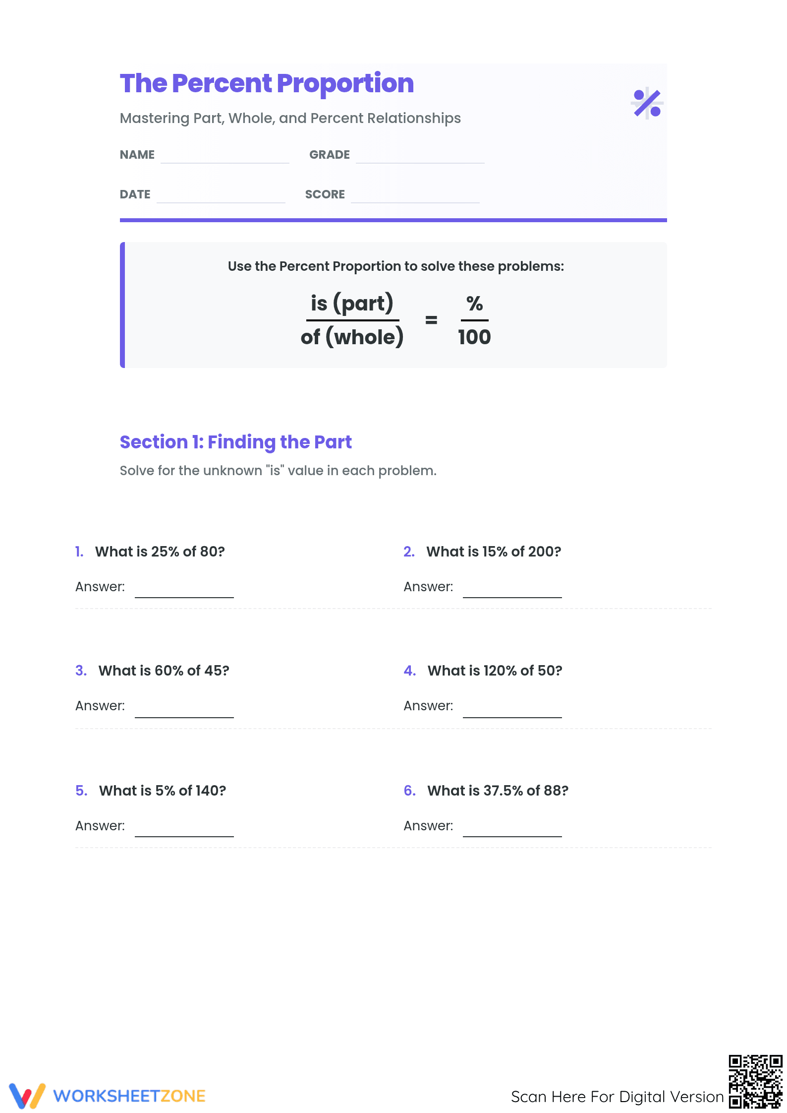 Essential Percent Proportion Worksheet | Grade 7 Math - Page 1