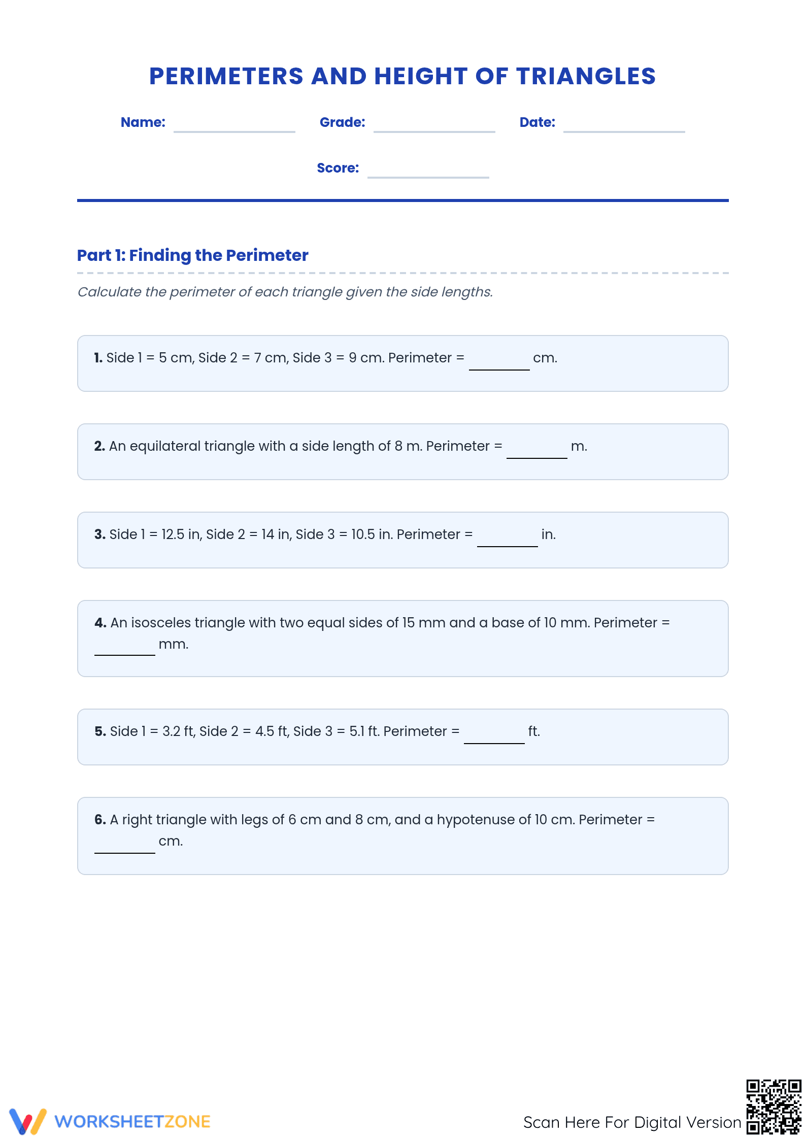 Essential Grade 6 Triangle Perimeter and Height Worksheet - Page 1