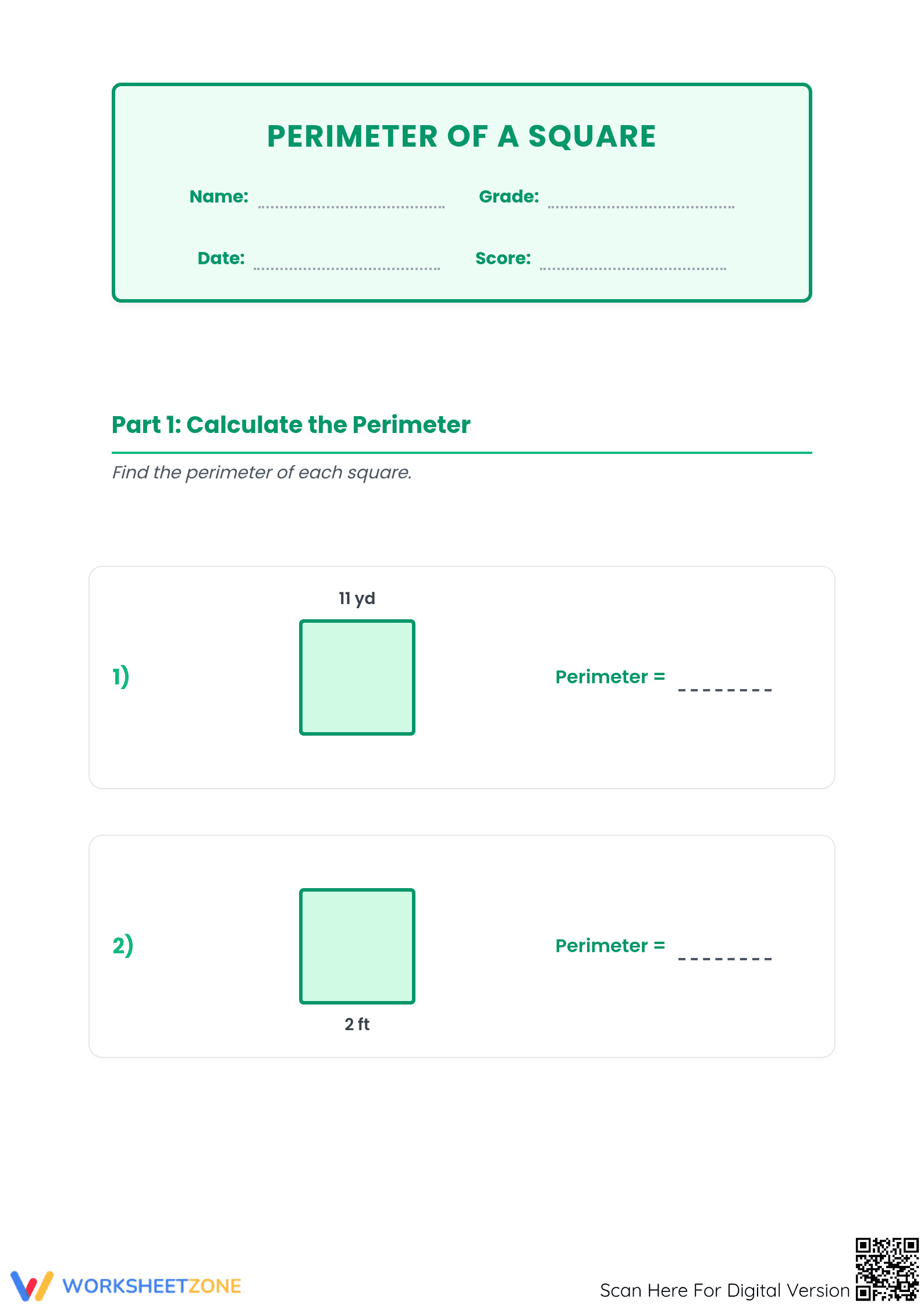Essential Perimeter of Squares Worksheet | Printable Grade 4 - Page 1