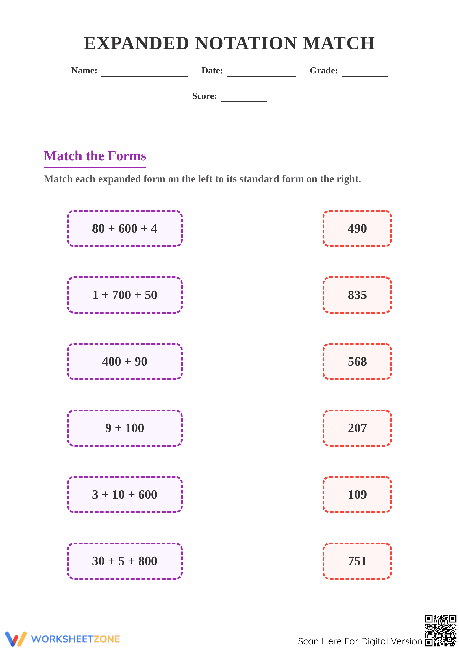Printable Expanded Notation Match Worksheet | Grade 2 Math - Page 1