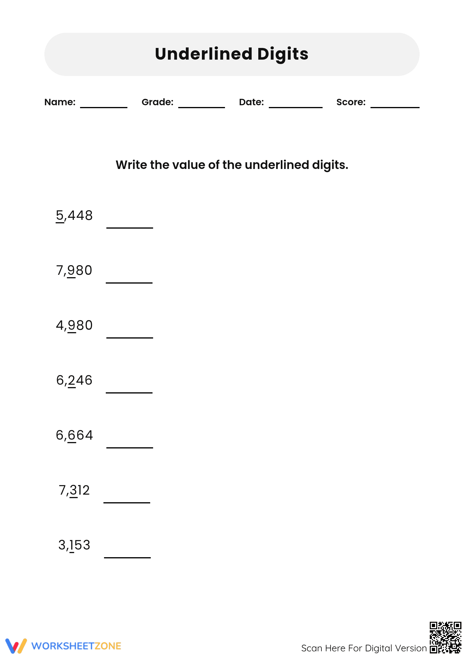 Essential Place Value Worksheet: Value of Underlined Digits - Page 1