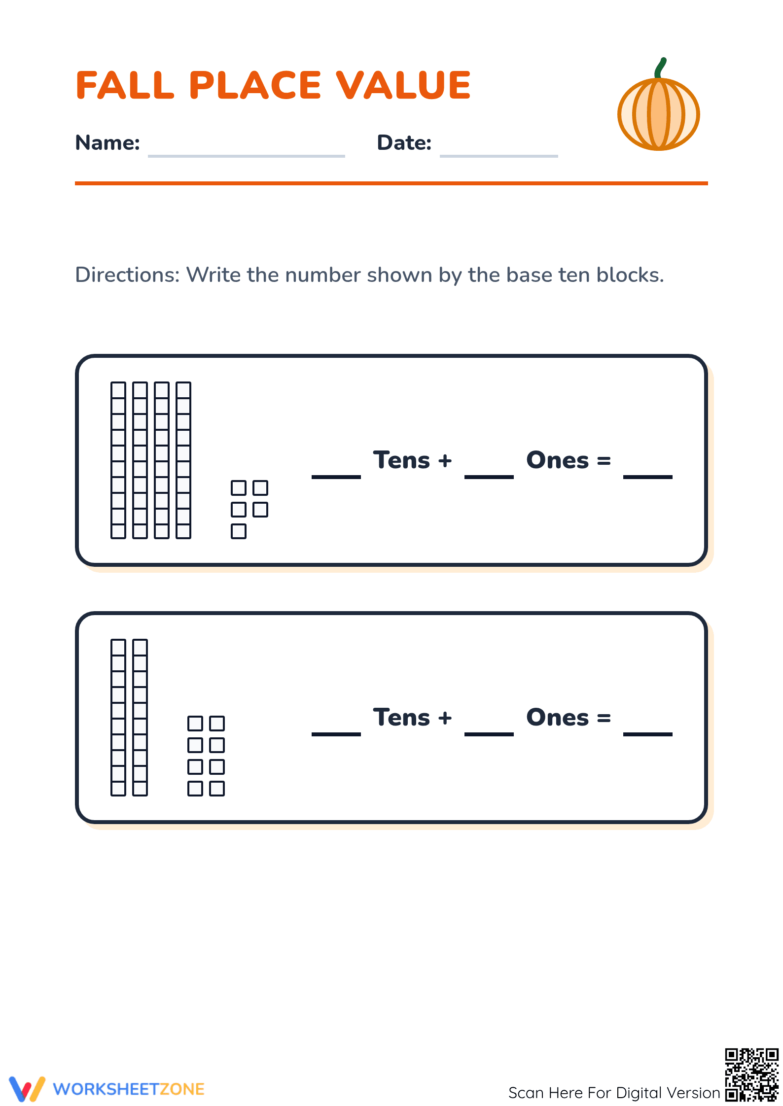 Printable Place Value Pumpkin Math Worksheet | Grade 2 - Page 1