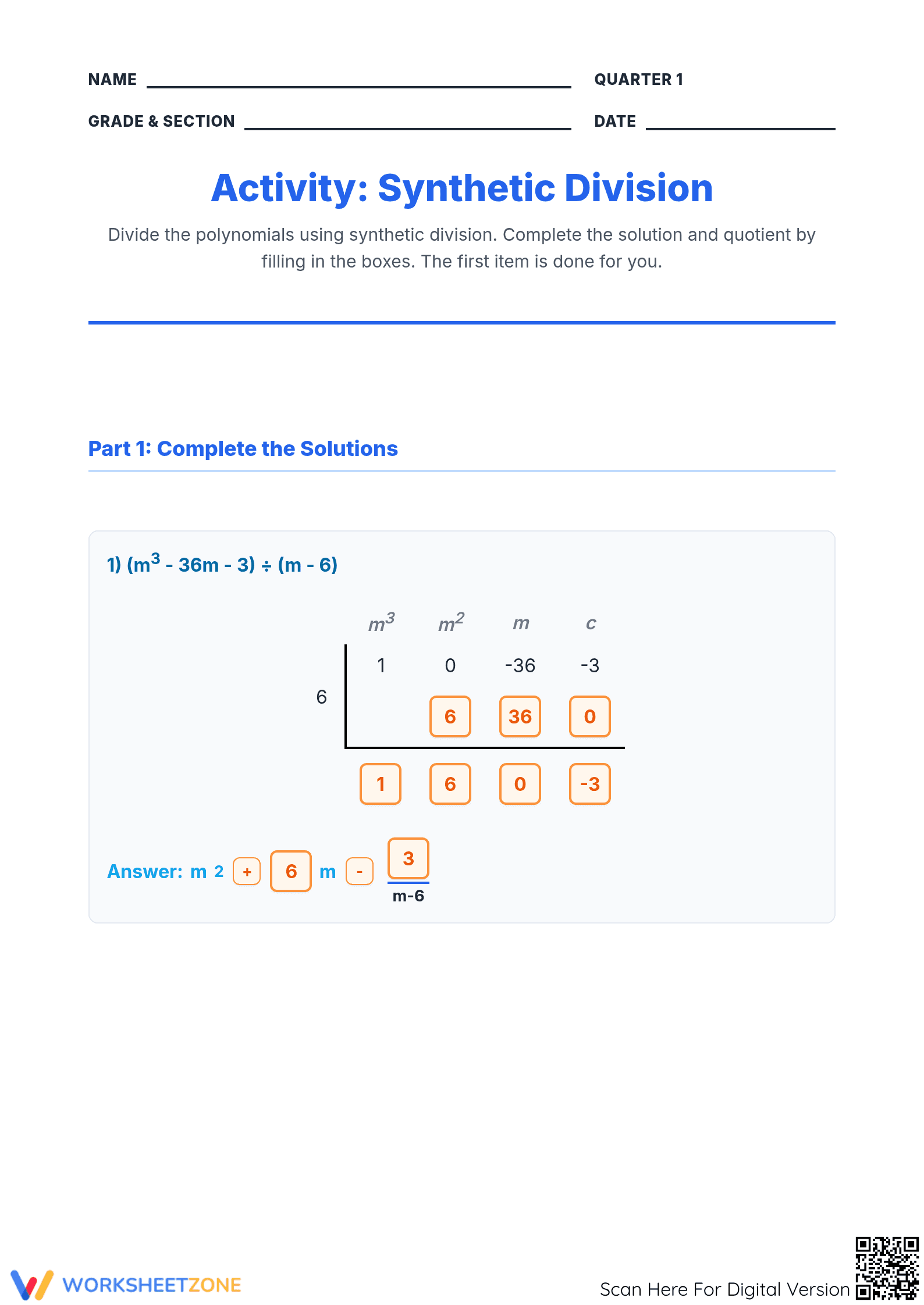 Printable Synthetic Division Worksheet | Grade 10 Math - Page 1