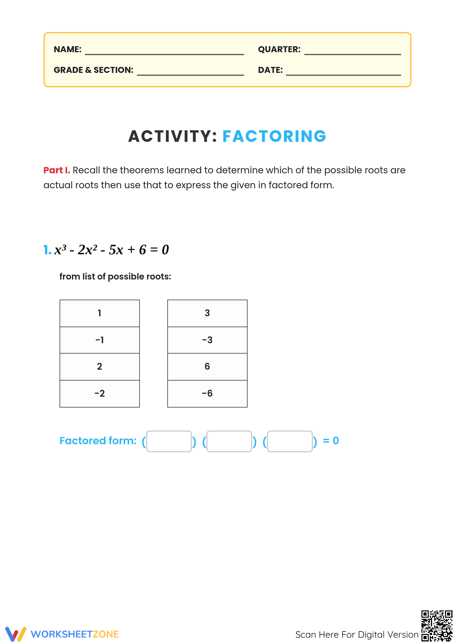 Printable Factoring Polynomials Worksheet | Grades 6-9 Math - Page 1