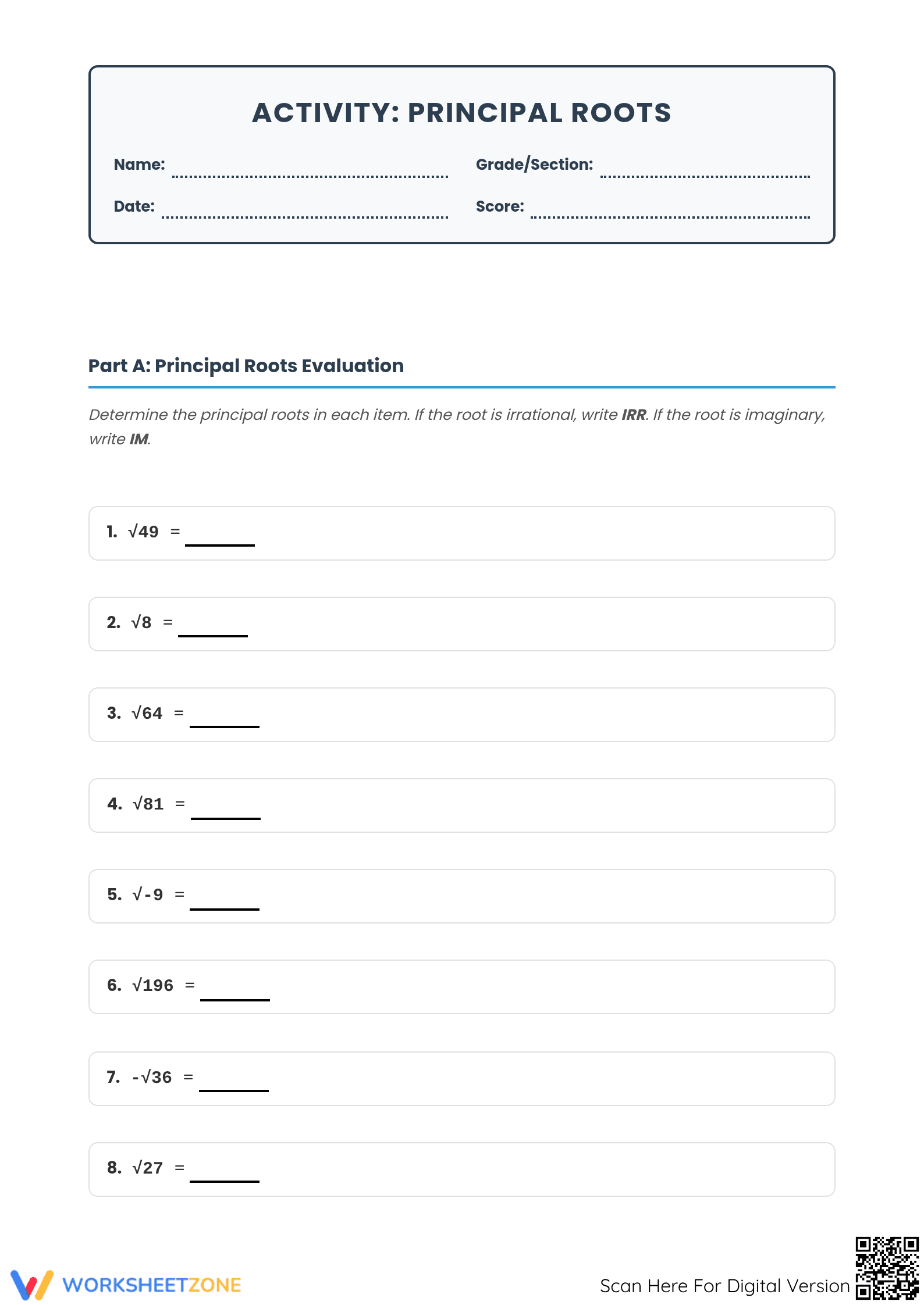 Principal Roots Worksheet | Essential Grade 8 Math Practice - Page 1