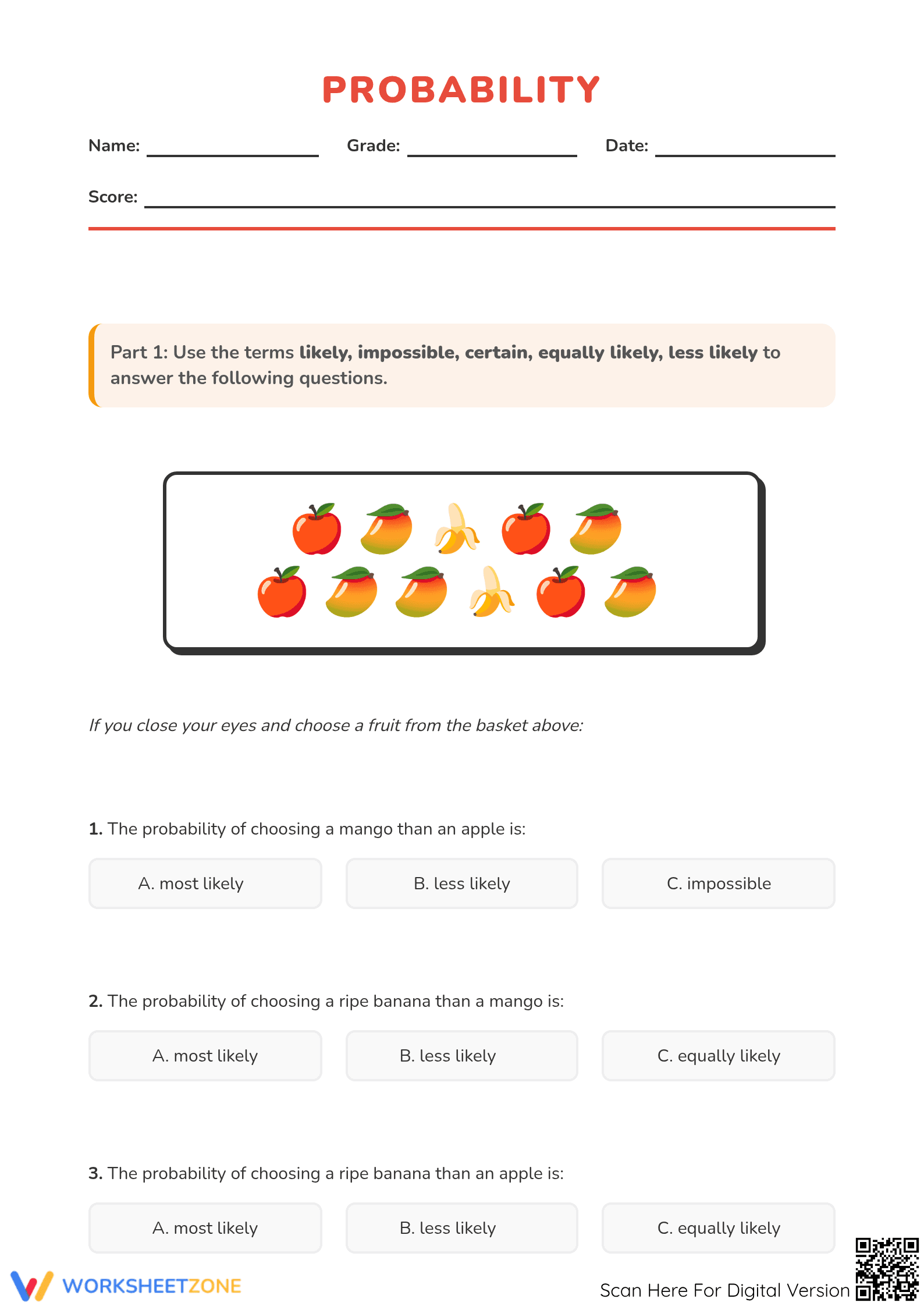 Essential Probability Worksheet | Grade 3 Printable Math - Page 1