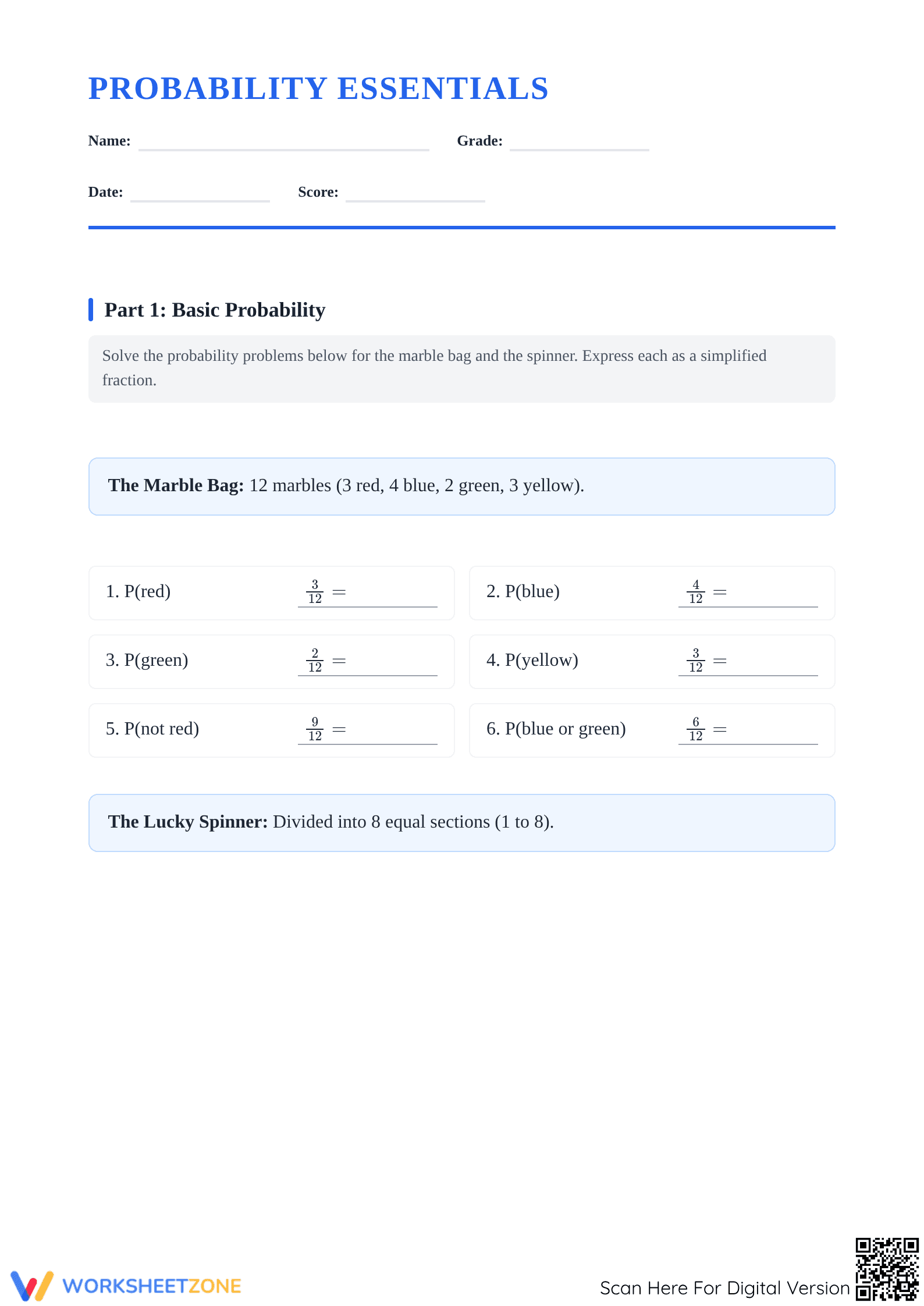 Essential Probability Worksheet | Grades 4-8 Printable - Page 1
