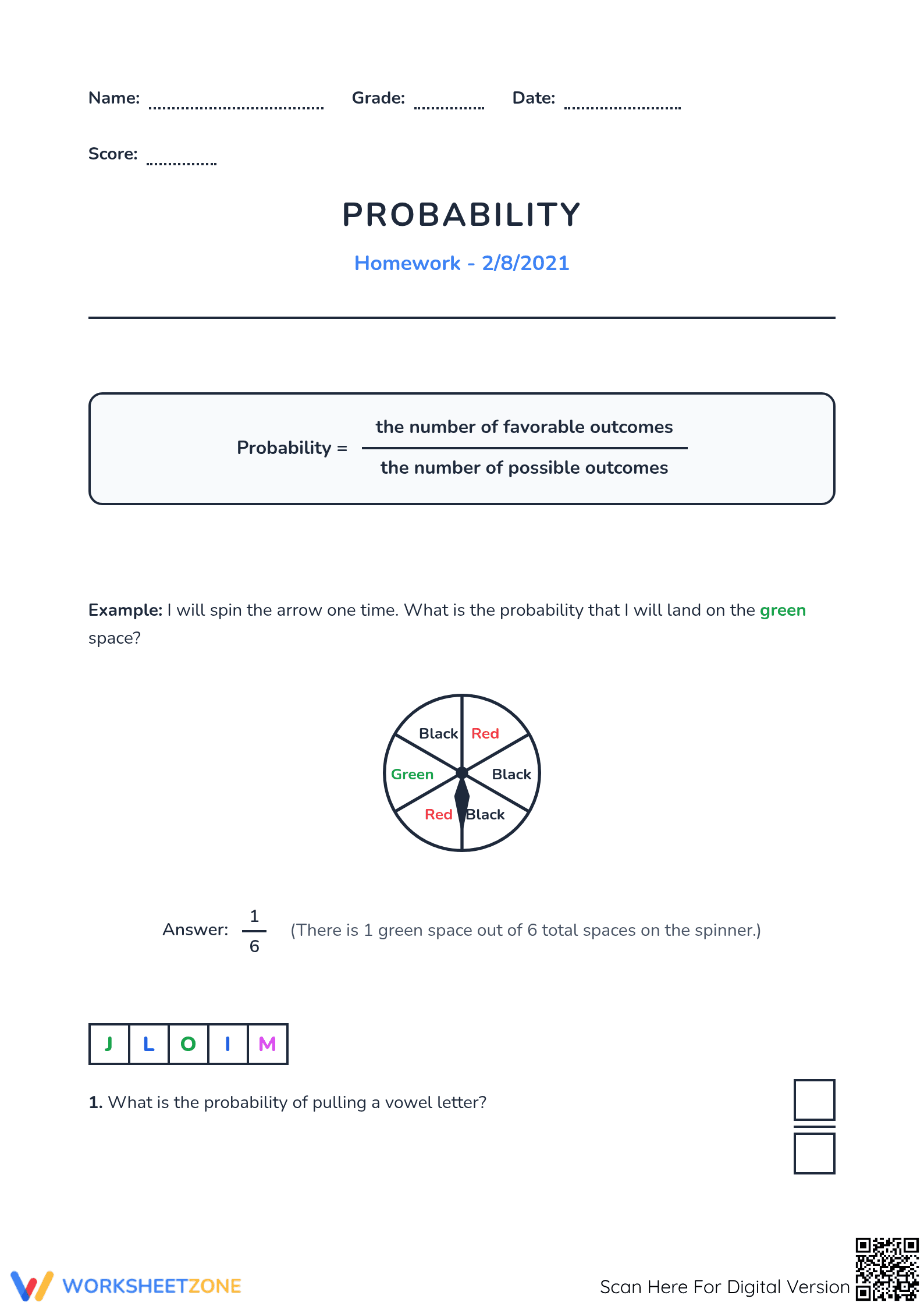 Essential Probability with Fractions Worksheet | Grade 5 - Page 1