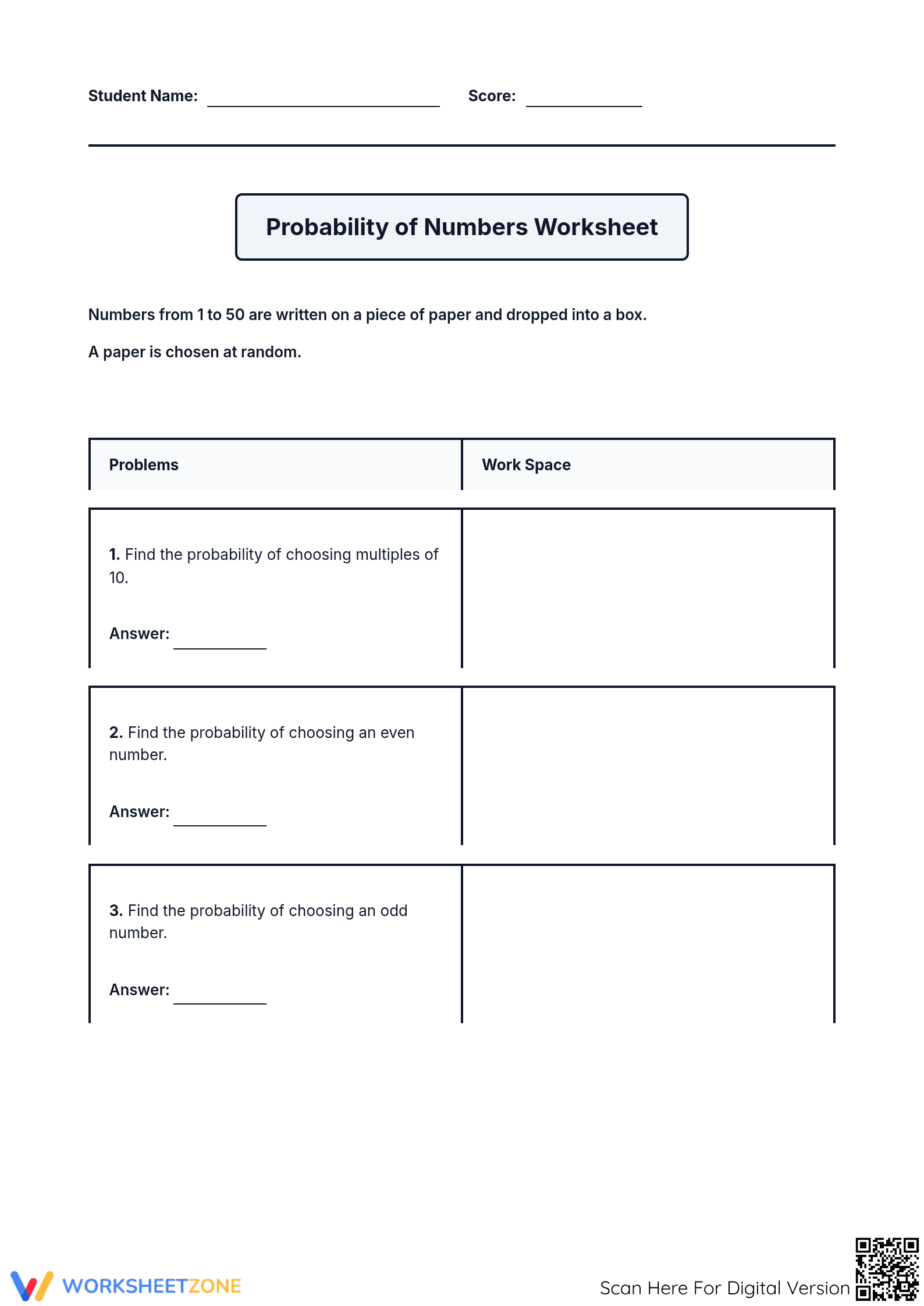 Essential Probability of Numbers Worksheet | Grade 7 Math - Page 1
