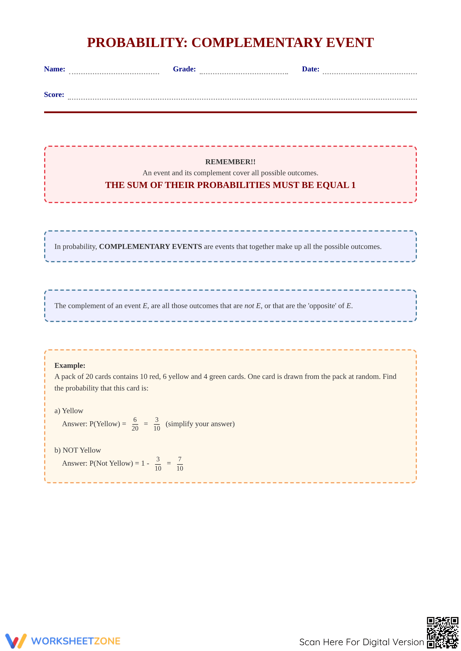 Essential Probability: The Complementary Event Worksheet - Page 1