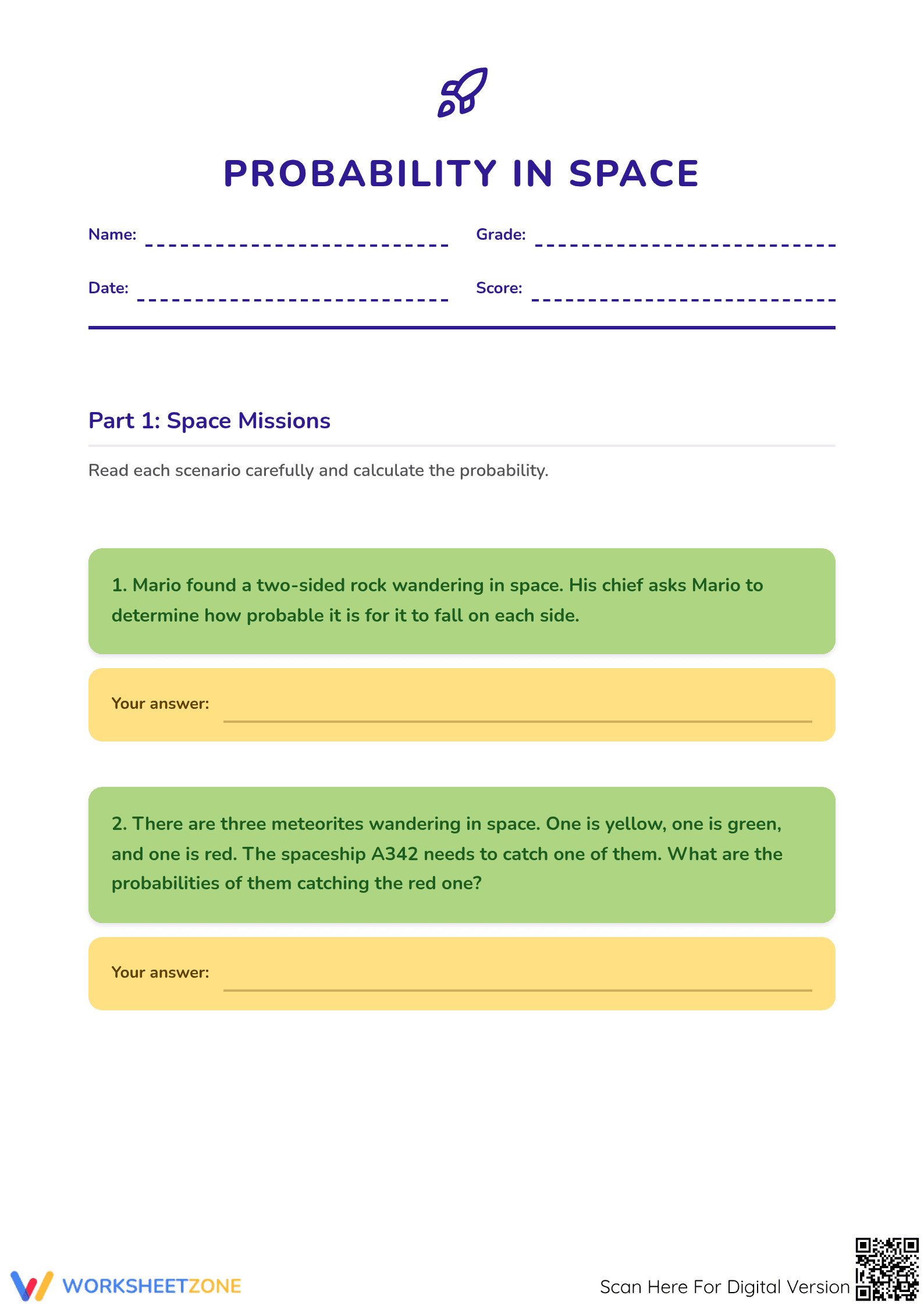 Essential Probability in Space Worksheet | Grades 4-7 Math - Page 1