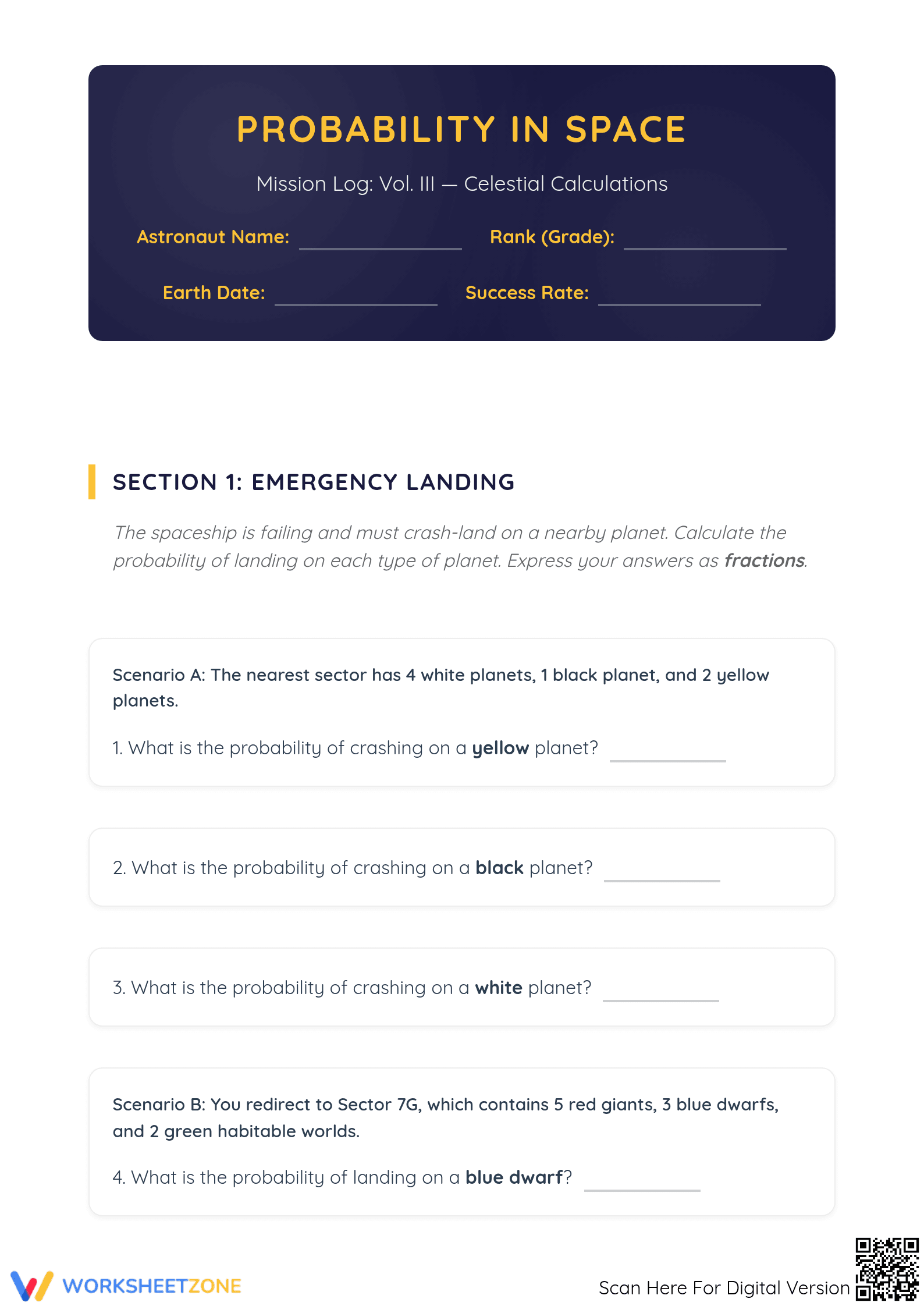 Essential Probability in Space: Grade 4-7 Printable Mission - Page 1