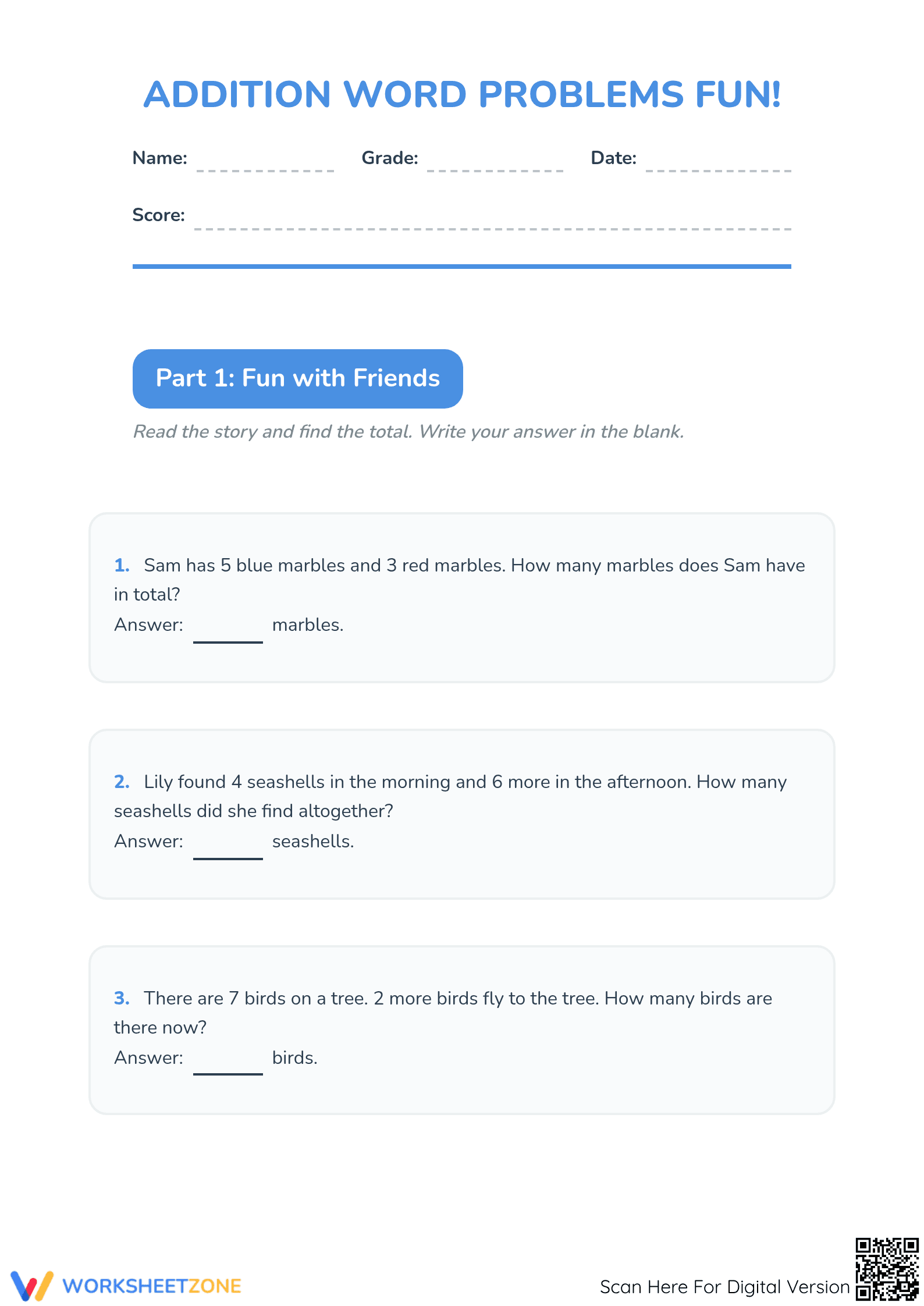 Printable Addition Word Problems Worksheet | Grade 1-2 - Page 1