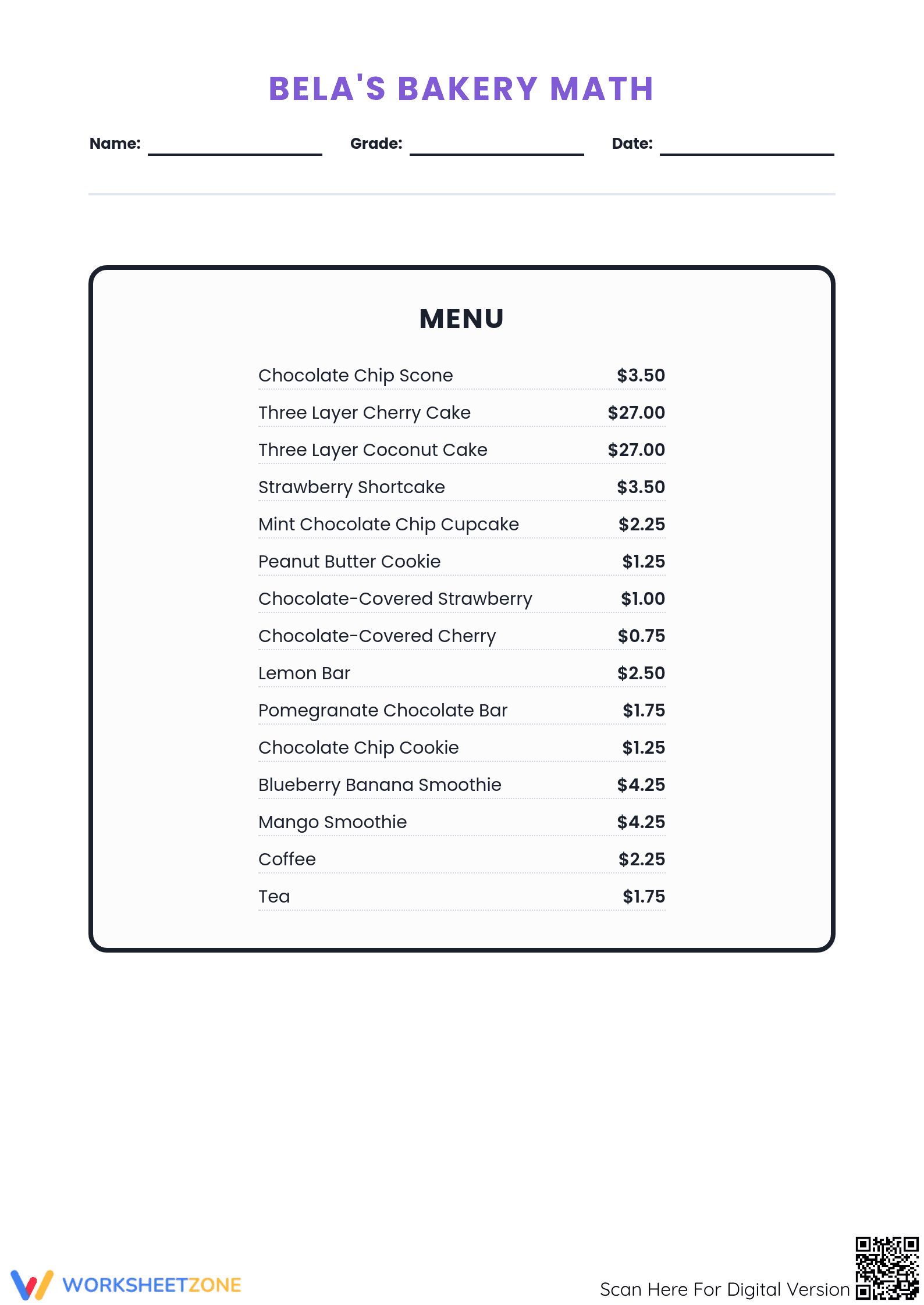 Essential Bakery Math Word Problems | Grade 6-8 Printable - Page 1