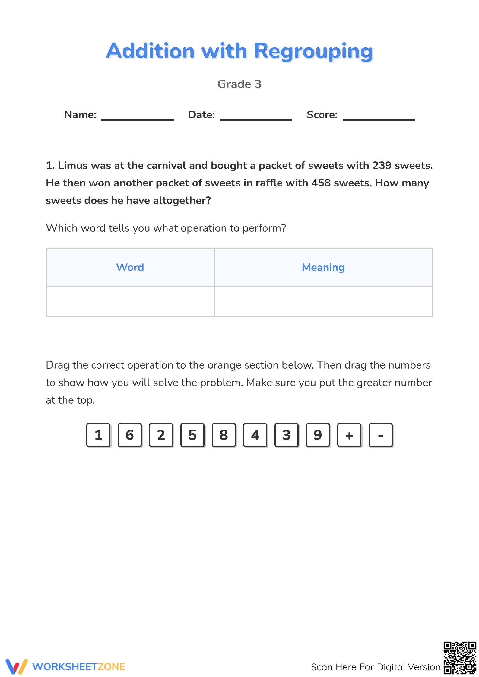 Printable Grade 3 Worksheet: 3-Digit Addition with Regrouping - Page 1