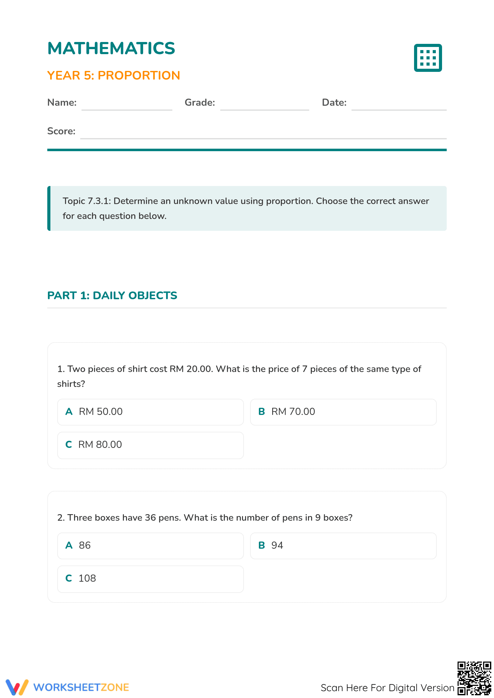 Proportion Practice: Essential Grade 5 Math Worksheet - Page 1
