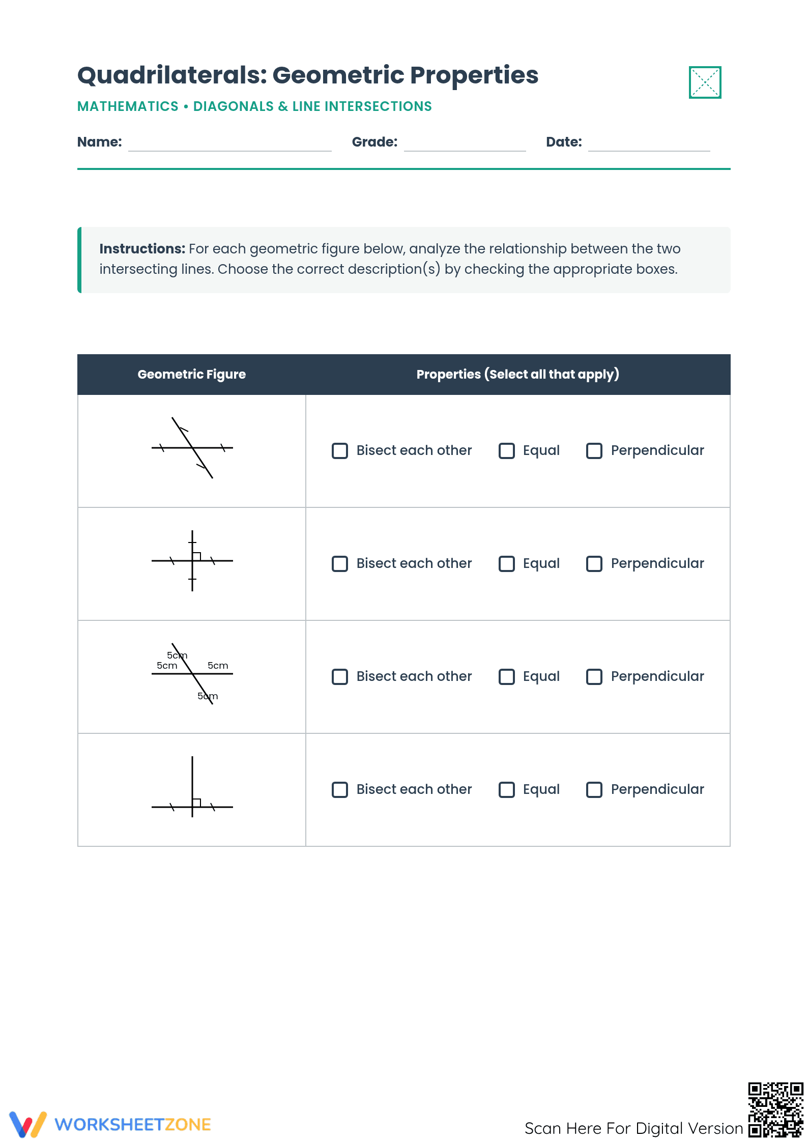 5.G.B.4 Aligned Worksheet: Quadrilateral Diagonals — Grade 5 - Page 1