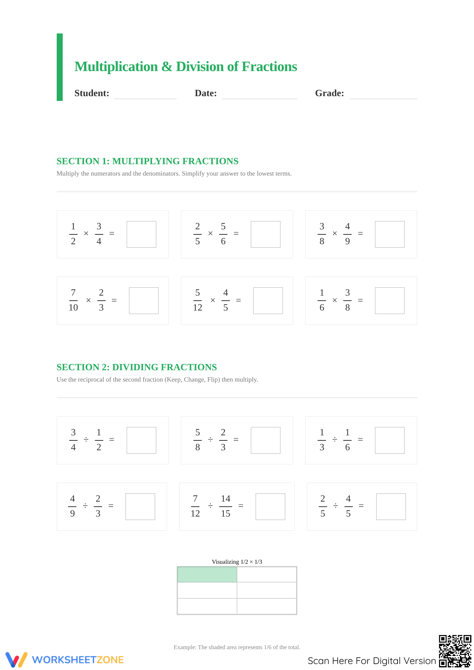 Printable Grade 7 Multiplication and Division of Fractions - Page 1