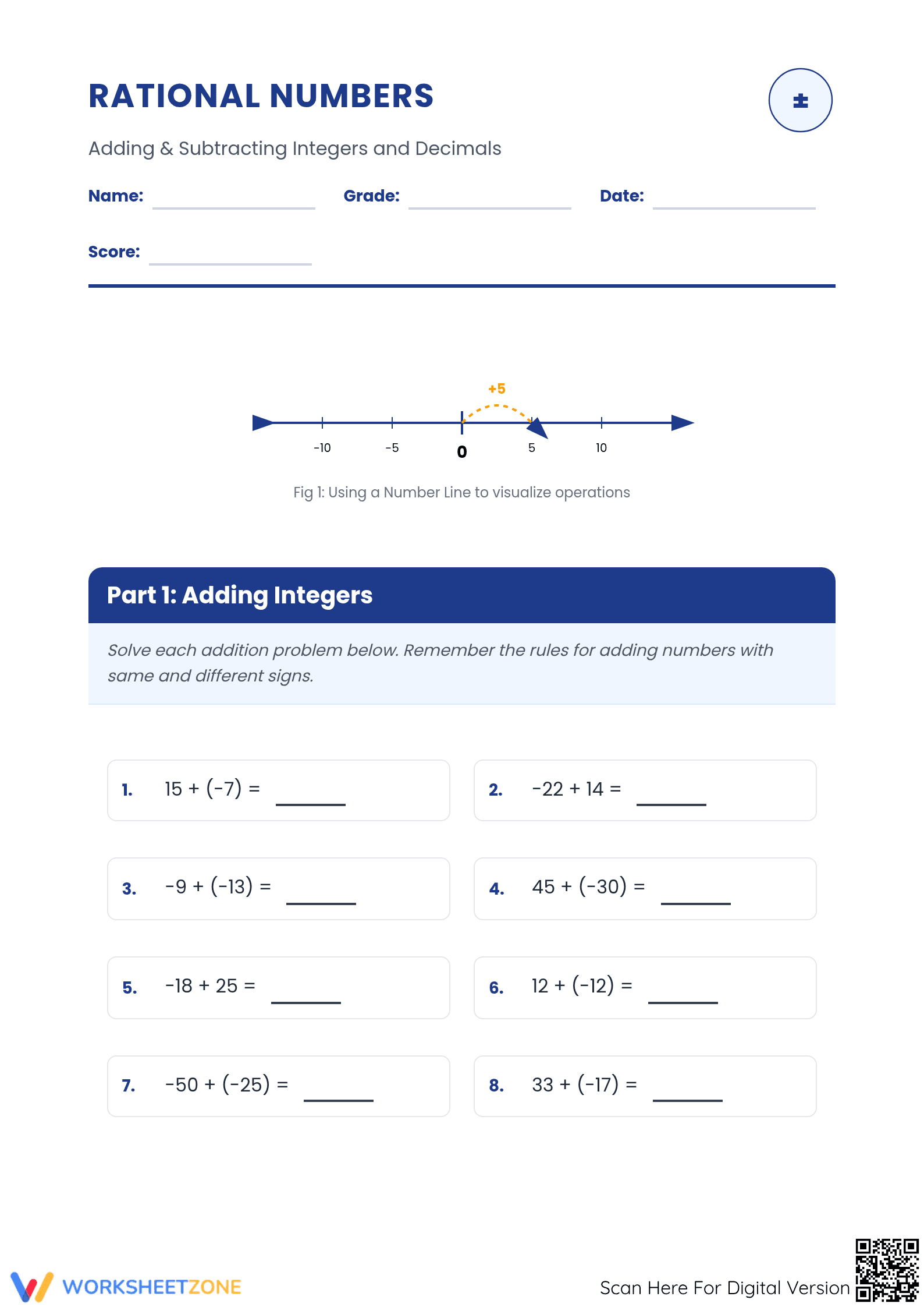 Adding and Subtracting Rational Numbers Printable Worksheet - Page 1