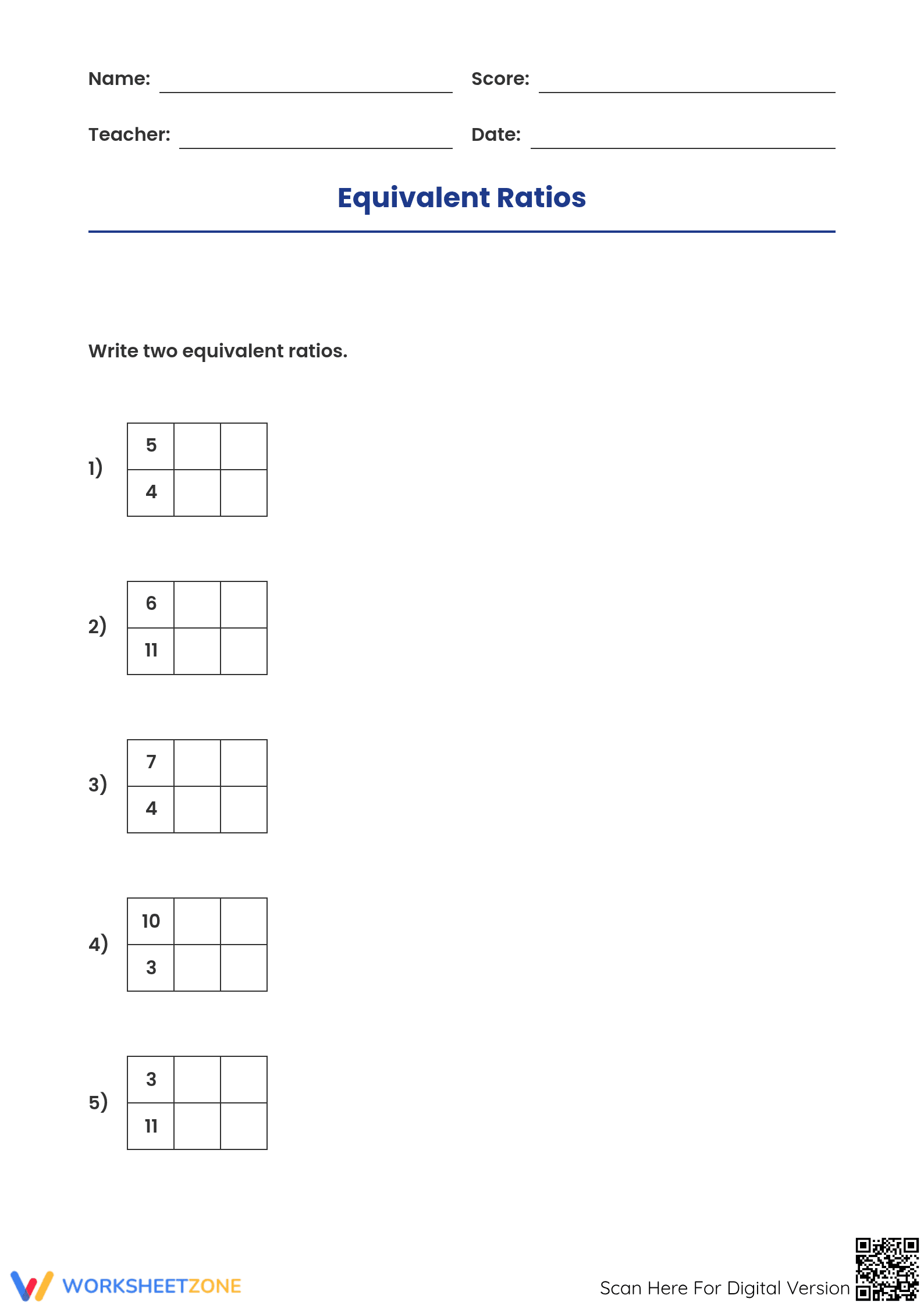 Essential Equivalent Ratios Worksheet | Grades 6-8 Math - Page 1