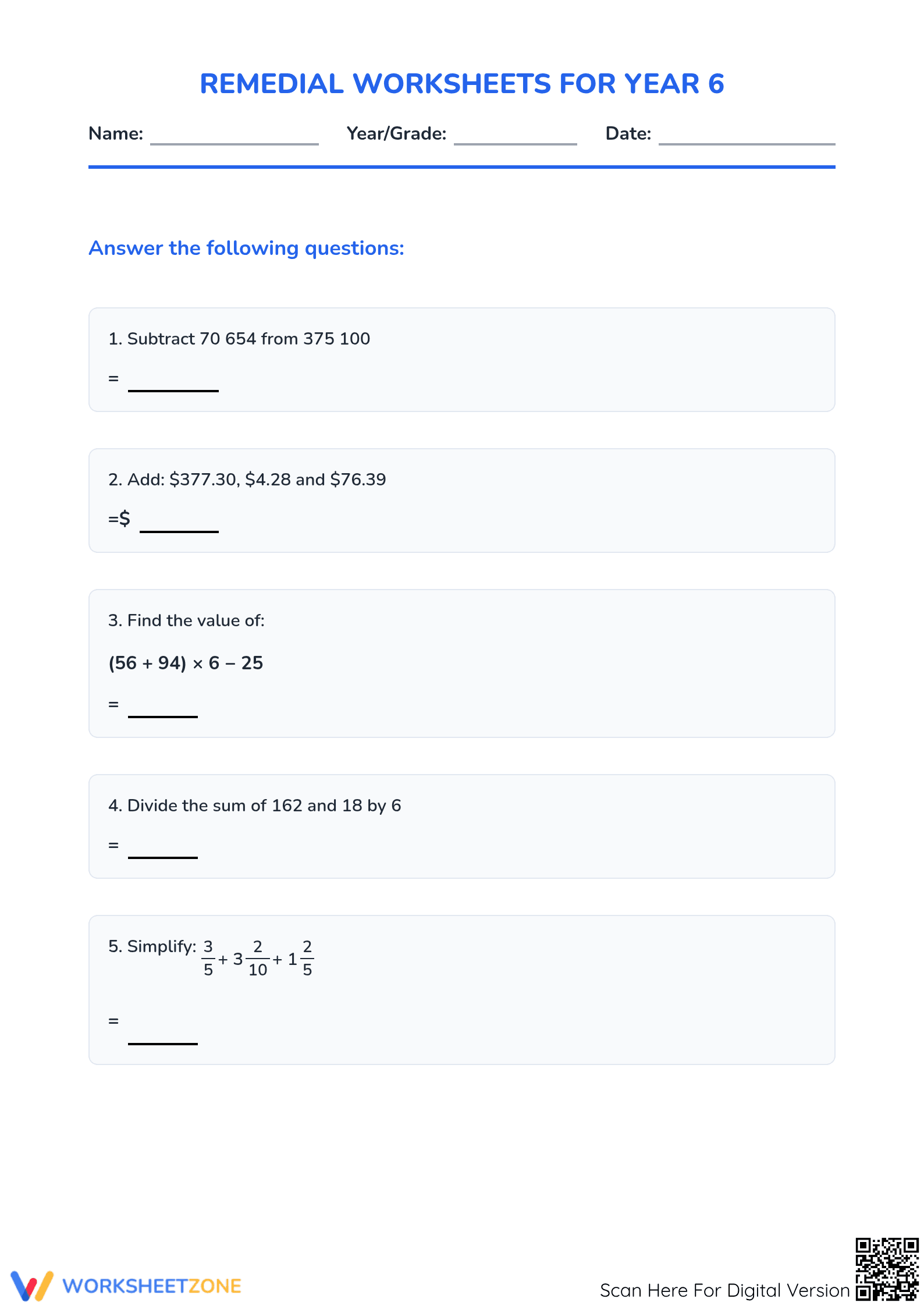 Essential Year 6 Math Revision Worksheet | Standards Aligned - Page 1