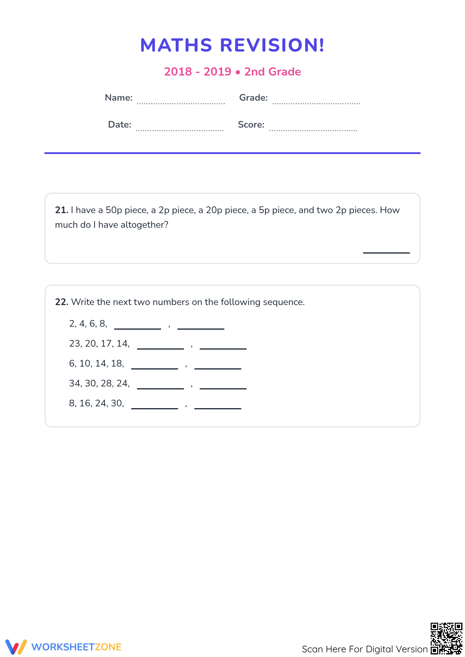 Essential Grade 2 Math Revision Worksheet — Printable - Page 1