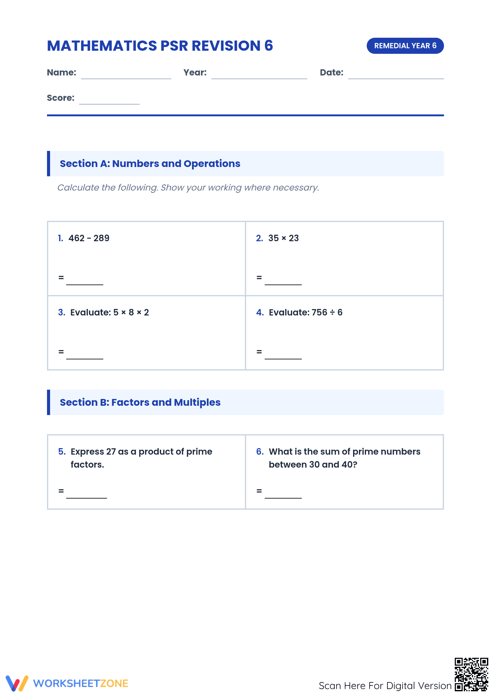 Essential Grade 6 Math Revision | PSR Printable Worksheet - Page 1