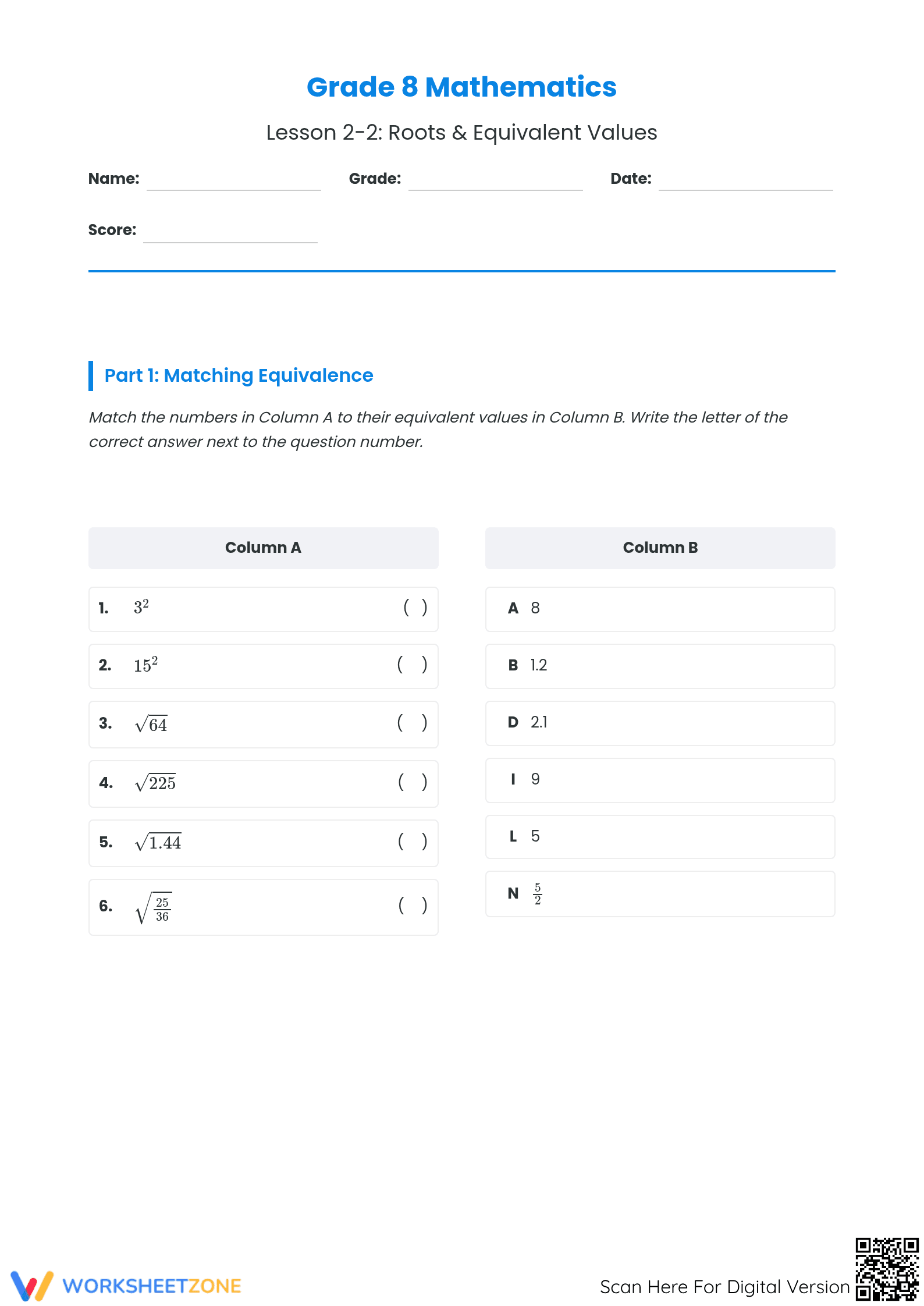 Square and Cube Roots Worksheet | Grade 8 Essential - Page 1