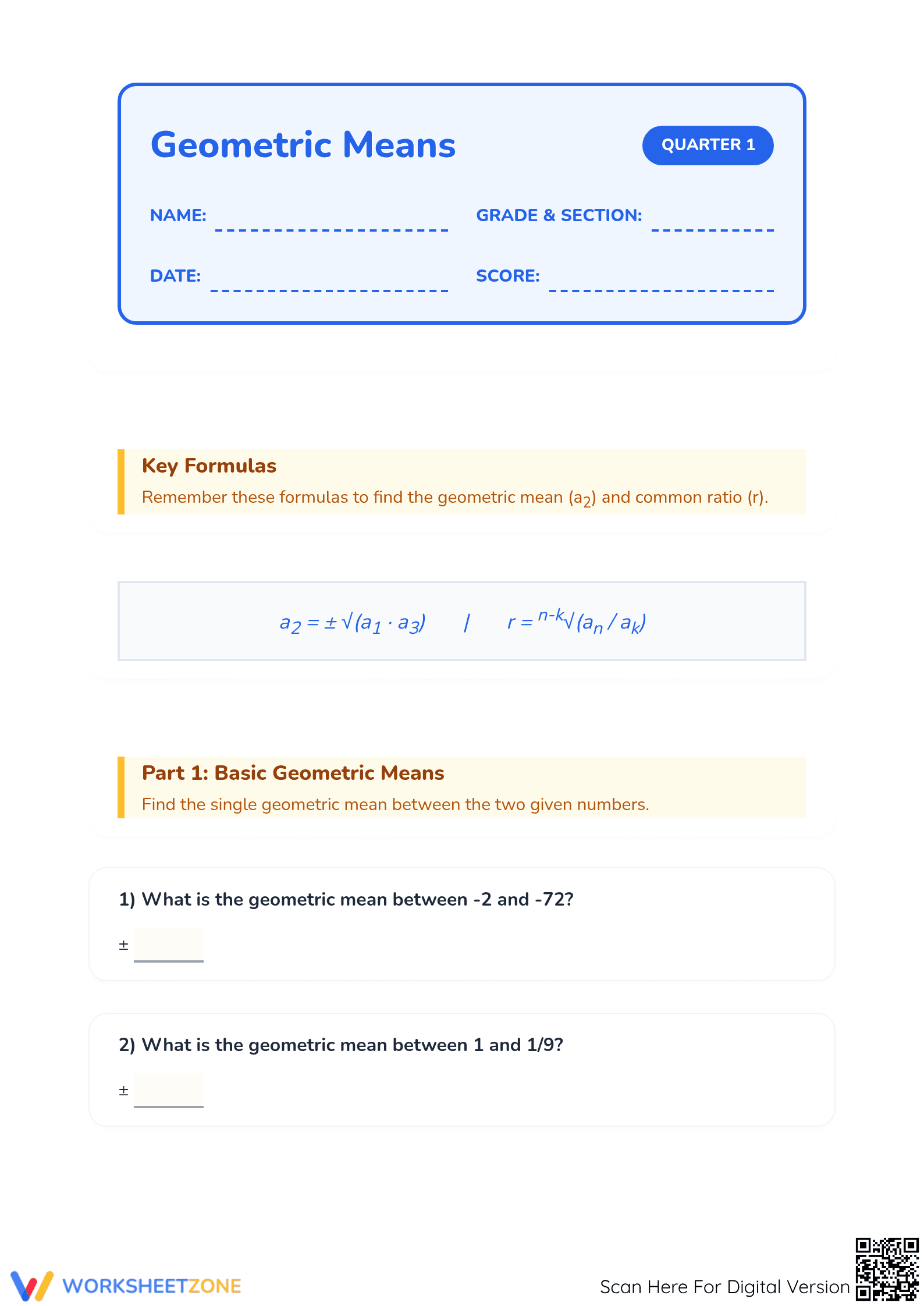 Essential Geometric Means Worksheet | Grade 8 Math - Page 1