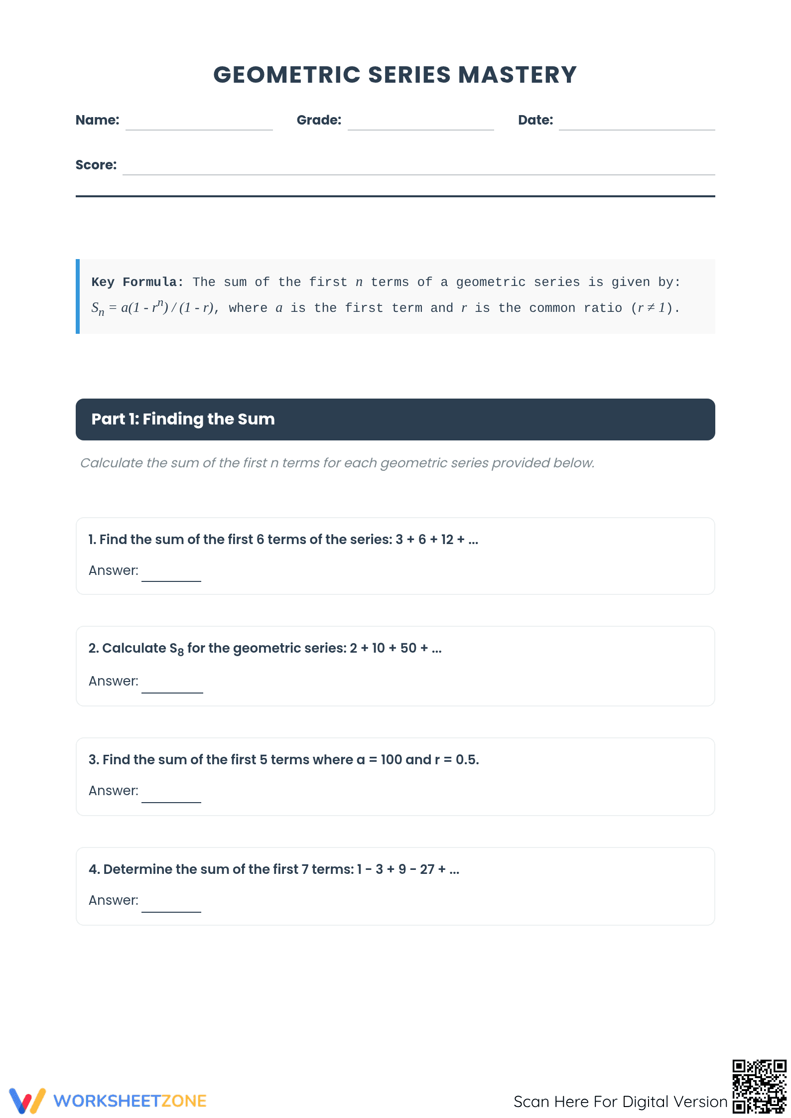 Geometric Series Worksheet | Grade 10 Math Printable - Page 1