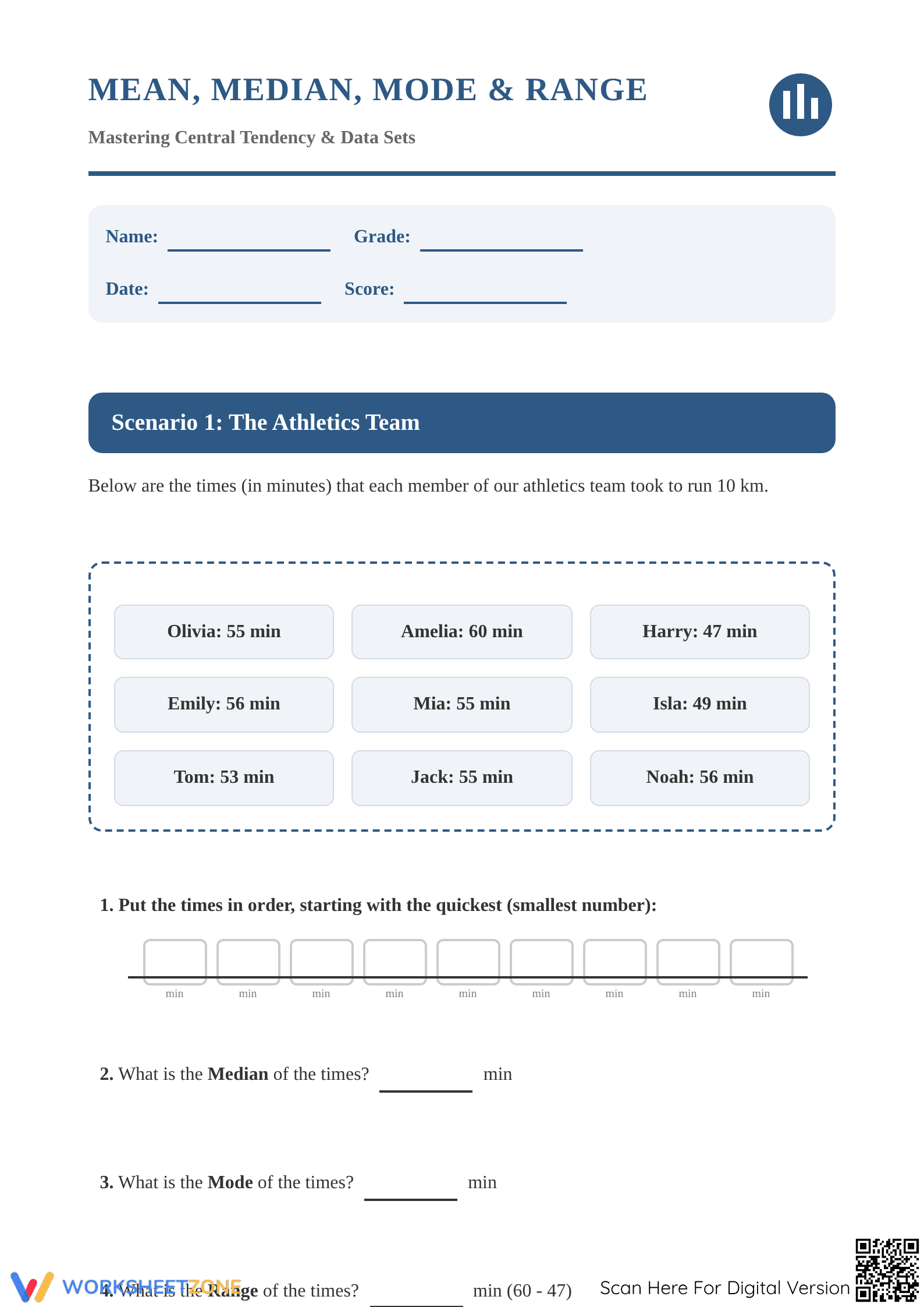 Mean Median Mode Range Worksheet | Essential Grade 6 Math - Page 1