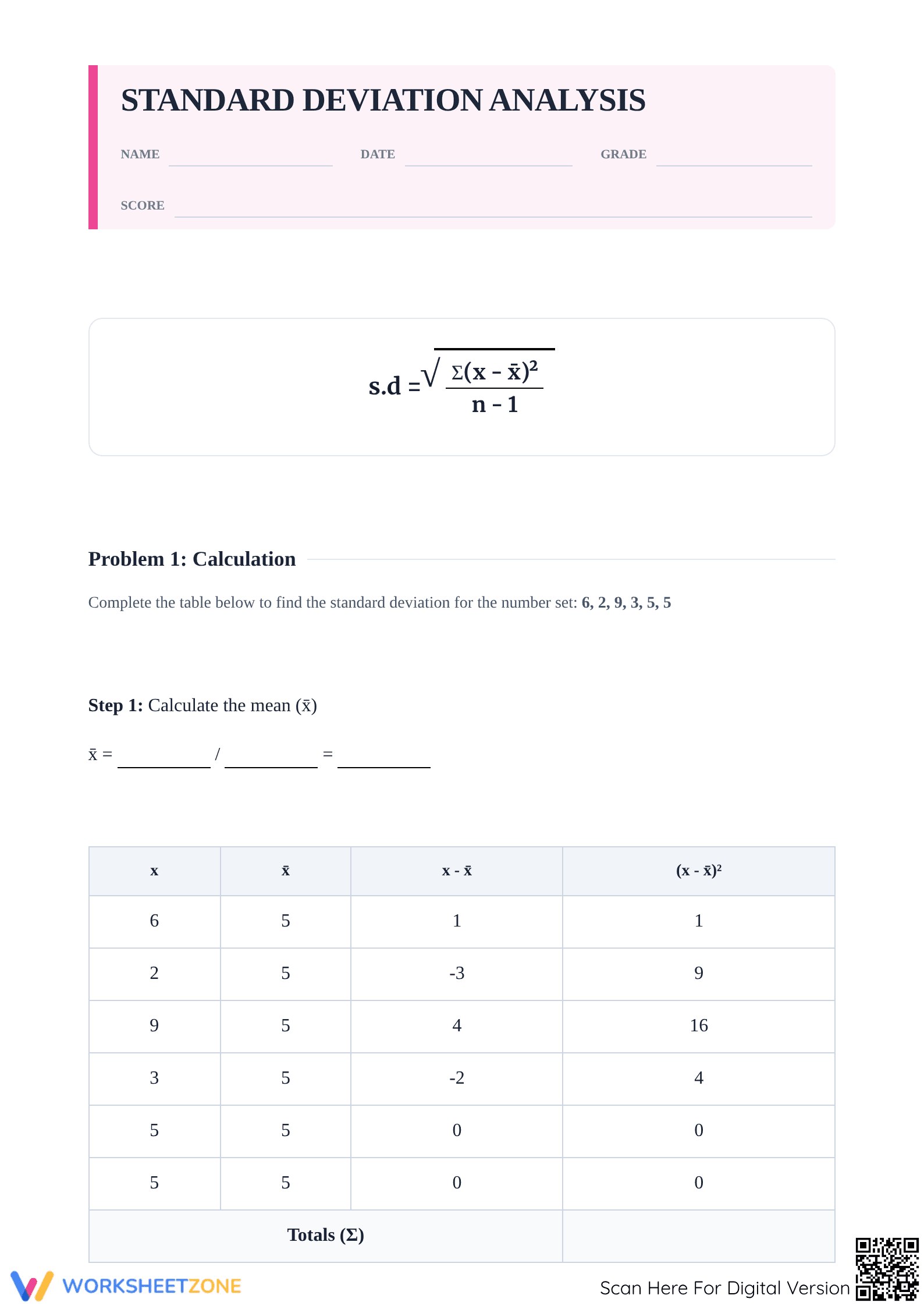 Essential Standard Deviation Worksheet | High School Math - Page 1