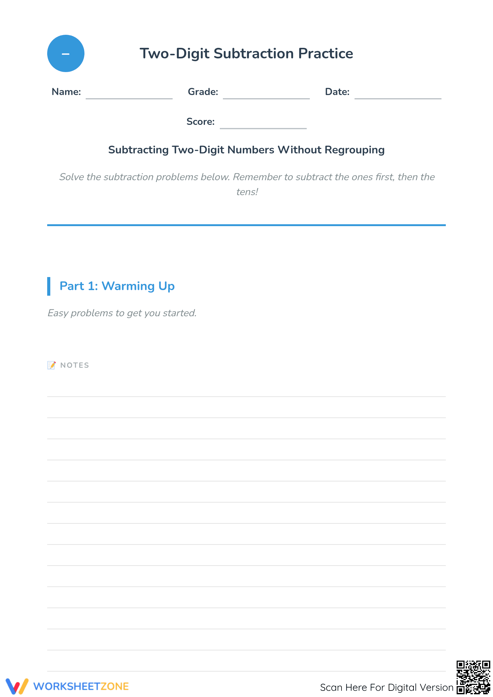 Essential 2-Digit Subtraction Without Regrouping Worksheet - Page 1