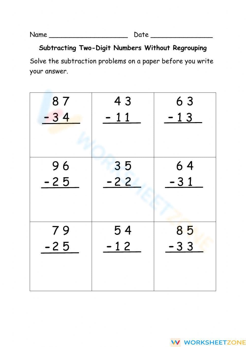 Subtracting 2-Digit Numbers - Without Regrouping - Page 1