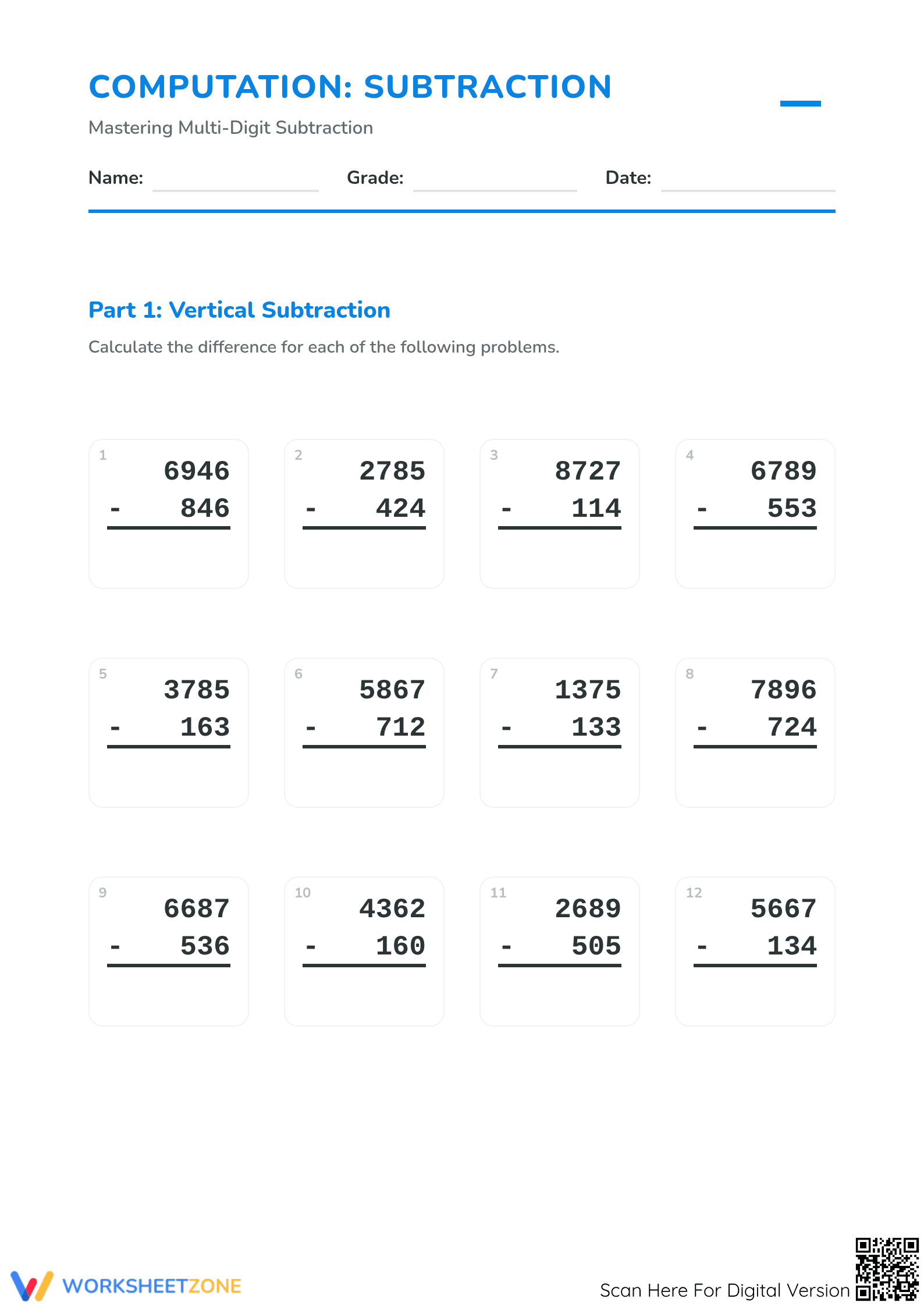 Printable Multi-Digit Subtraction Worksheet | Grade 4 Math - Page 1