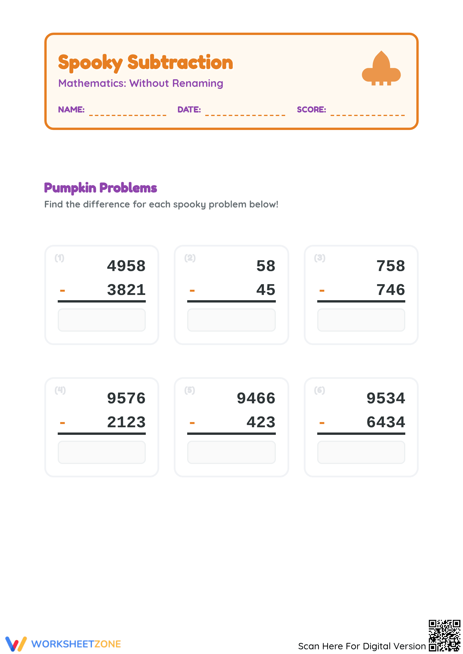 Printable Spooky Subtraction Without Renaming | Grades 2-3 - Page 1