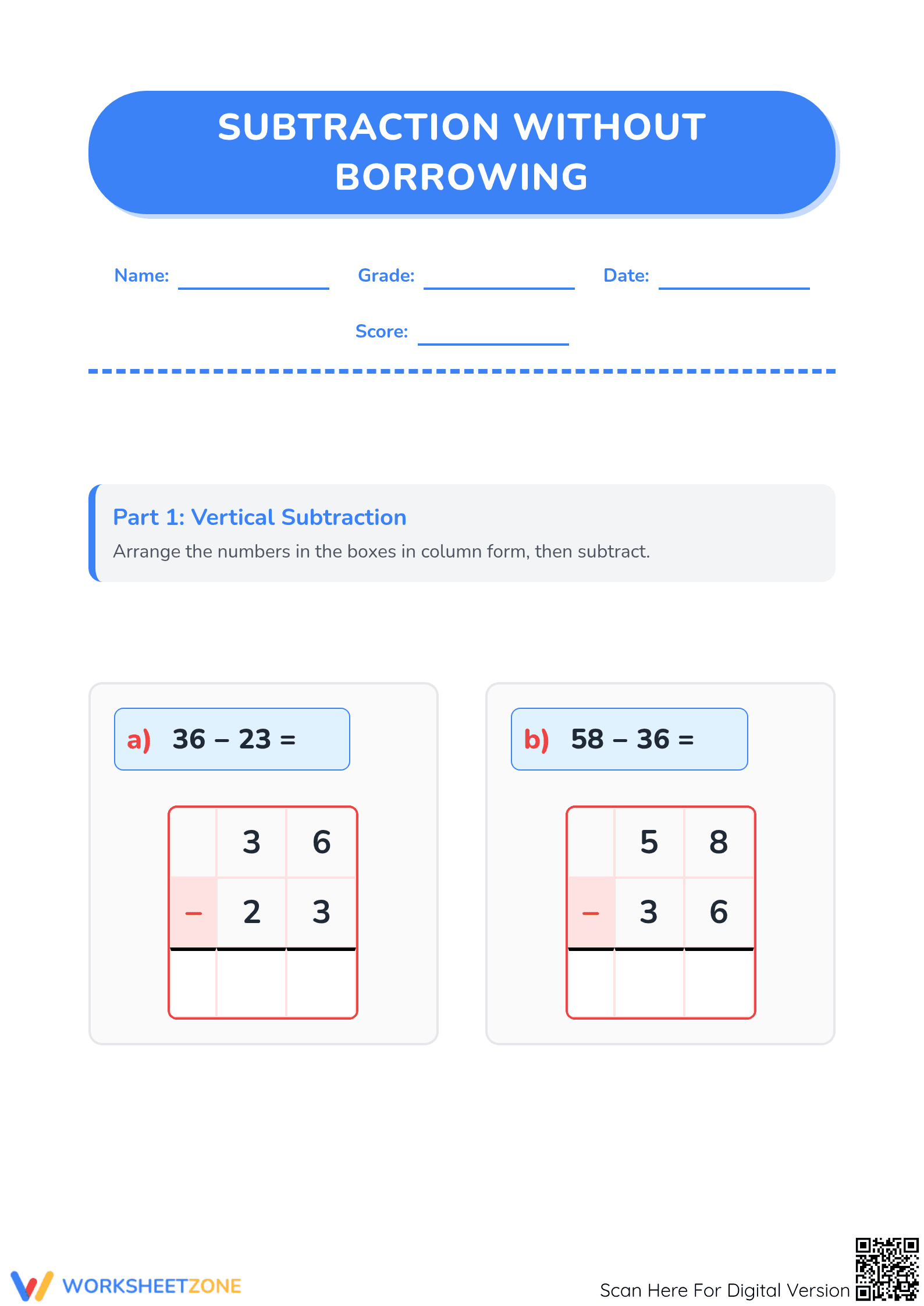 Printable 2-Digit Subtraction Without Borrowing Worksheet - Page 1