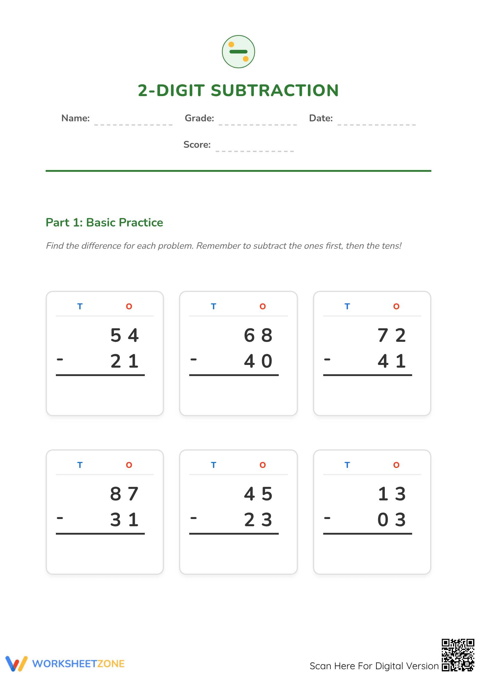 Printable Grade 1 2-Digit Subtraction Worksheet - Page 1