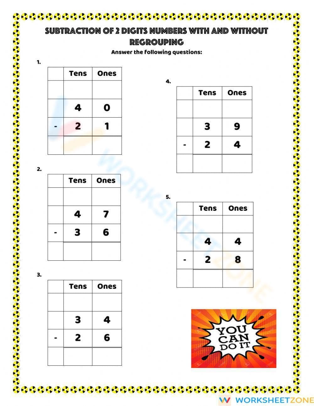 2-Digit Subtraction With and Without Regrouping - Page 1